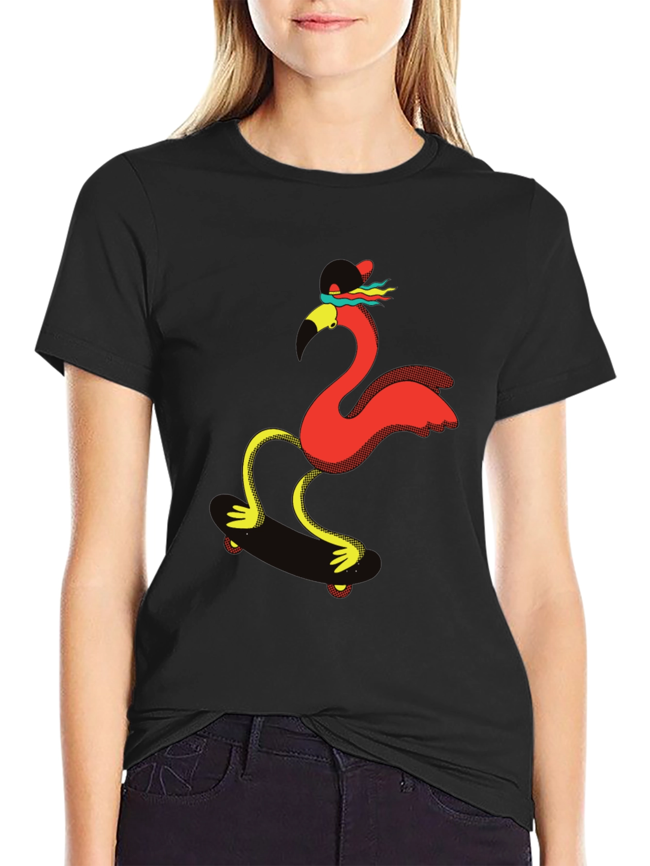 Skating Flamingo Graphic Tee - Black T-Shirt