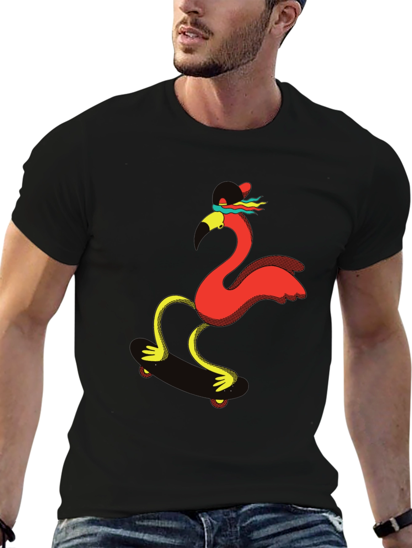 Skating Flamingo Graphic Tee - Black T-Shirt