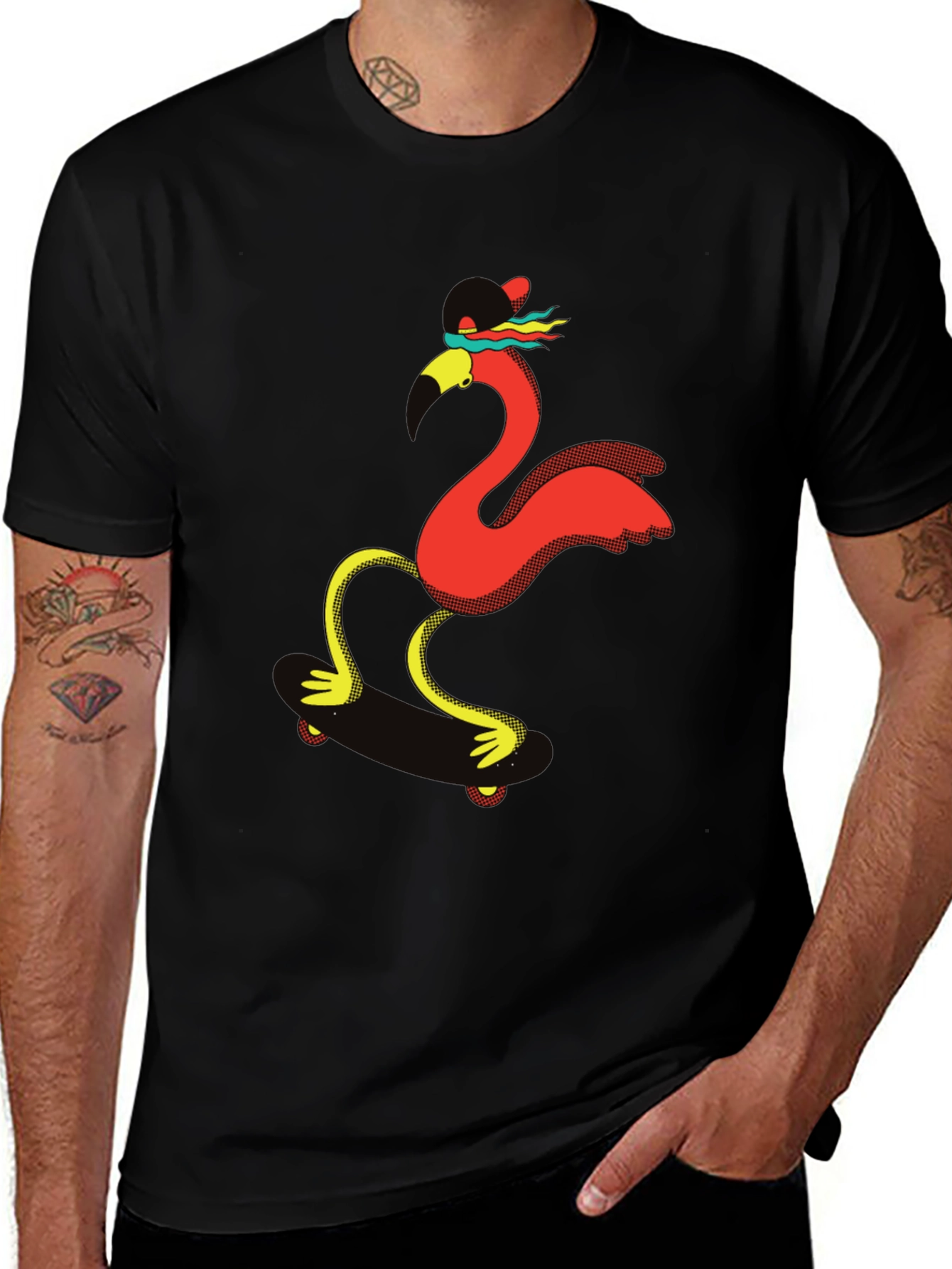 Skating Flamingo Graphic Tee - Black T-Shirt