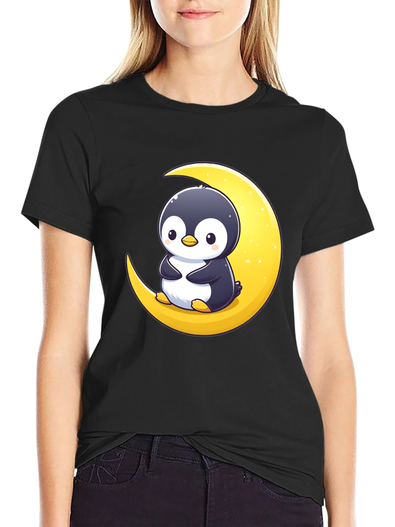 Penguin Moon Graphic Tee - Black Cotton T-Shirt