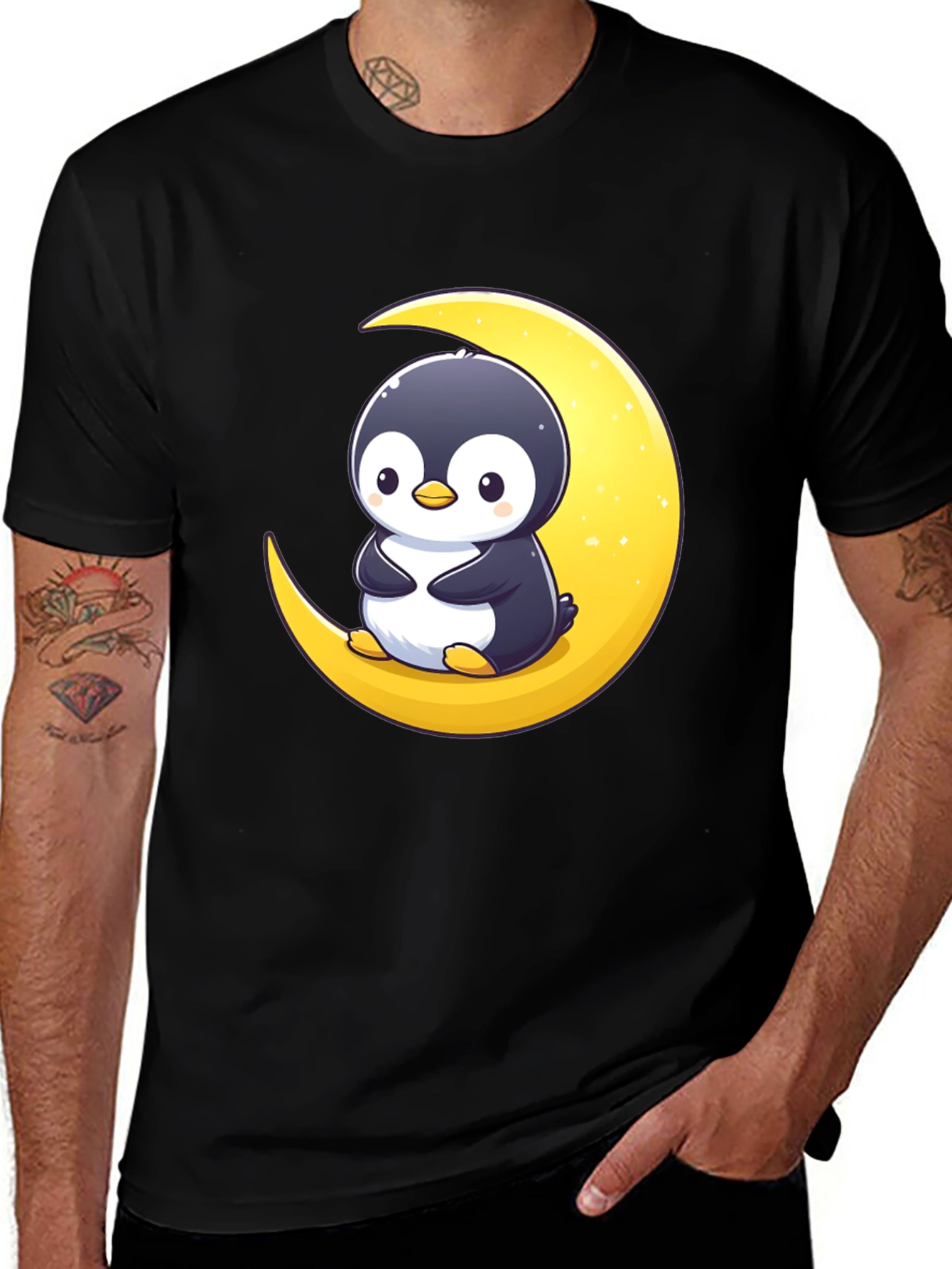 Penguin Moon Graphic Tee - Black Cotton T-Shirt