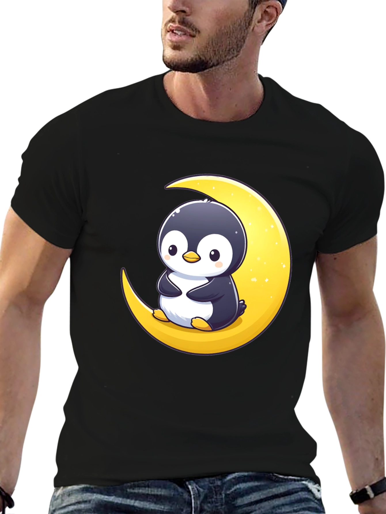 Penguin Moon Graphic Tee - Black Cotton T-Shirt