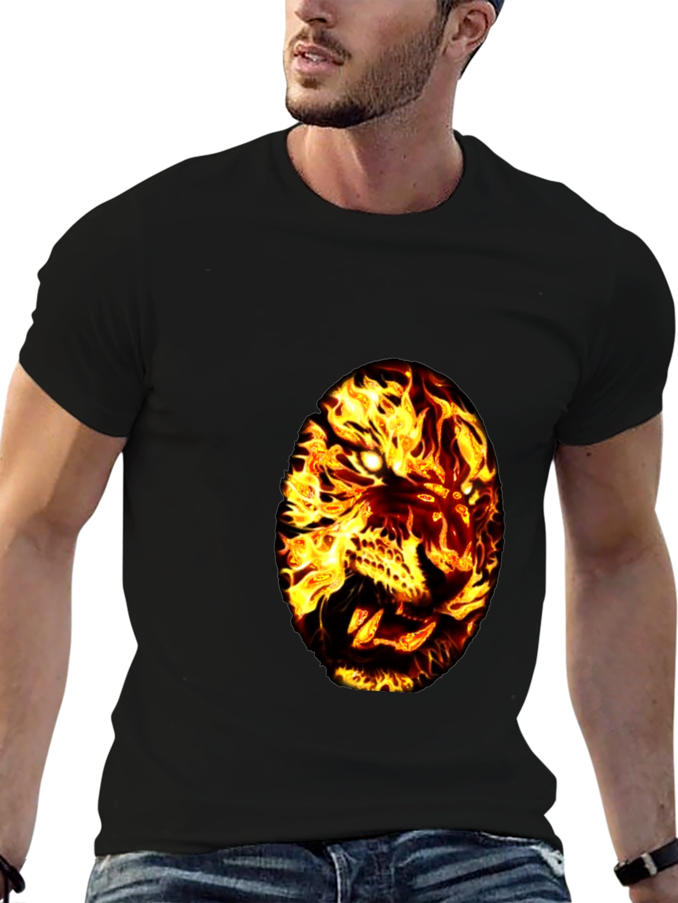 Fiery Tiger Graphic Tee - Black Cotton T-Shirt