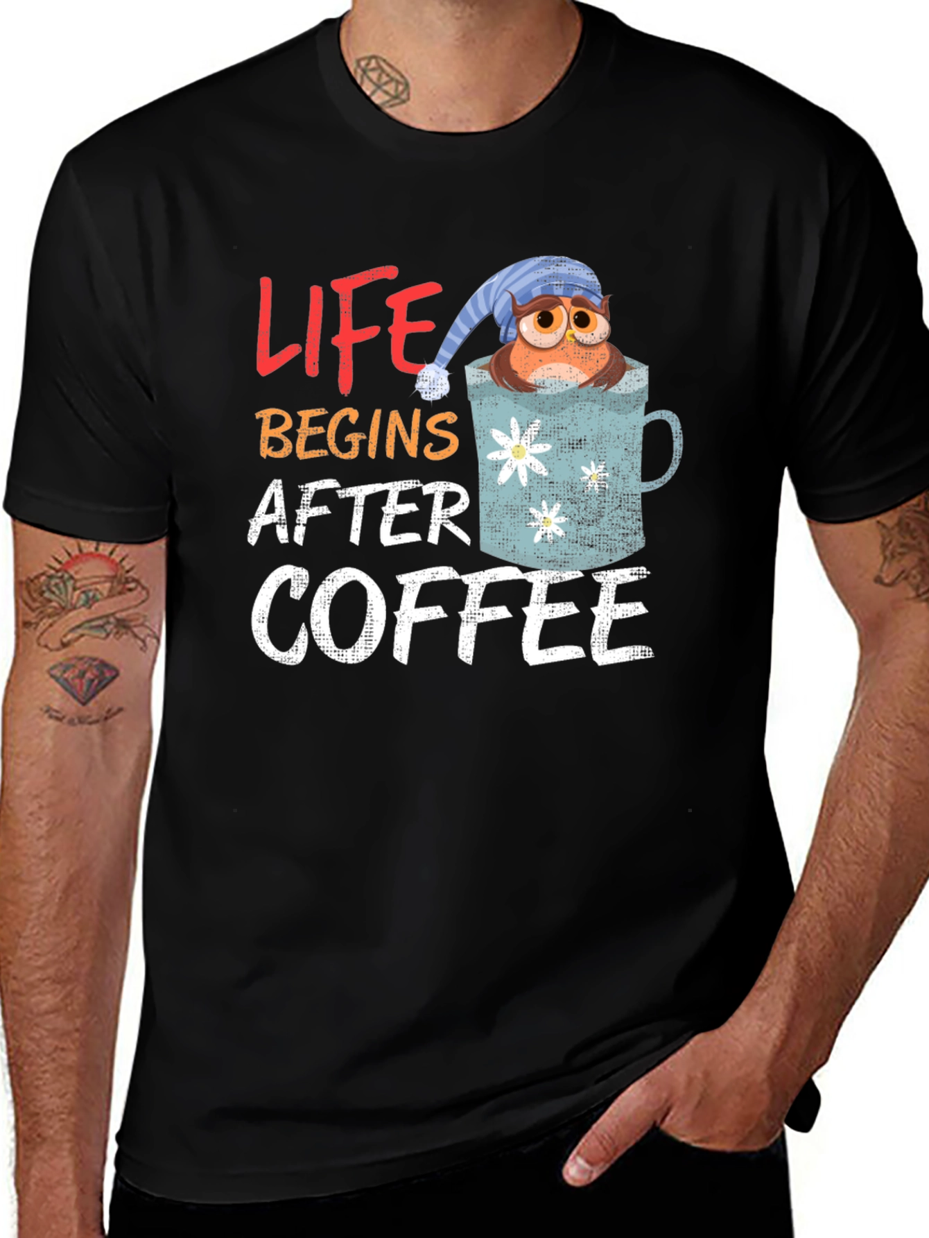 Life Begins After Coffee Owl in Mug Graphic T-Shirt