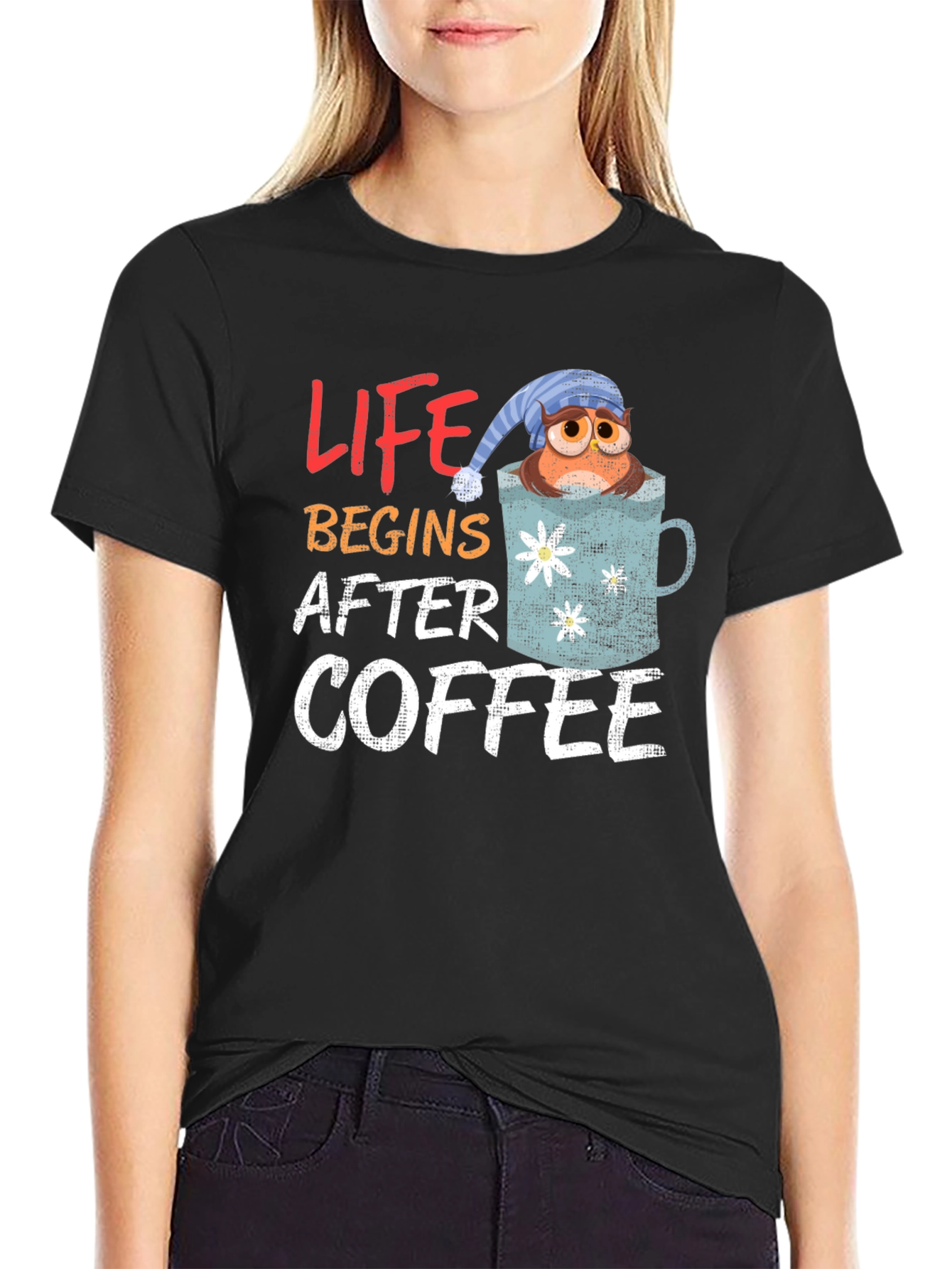 Life Begins After Coffee Owl in Mug Graphic T-Shirt