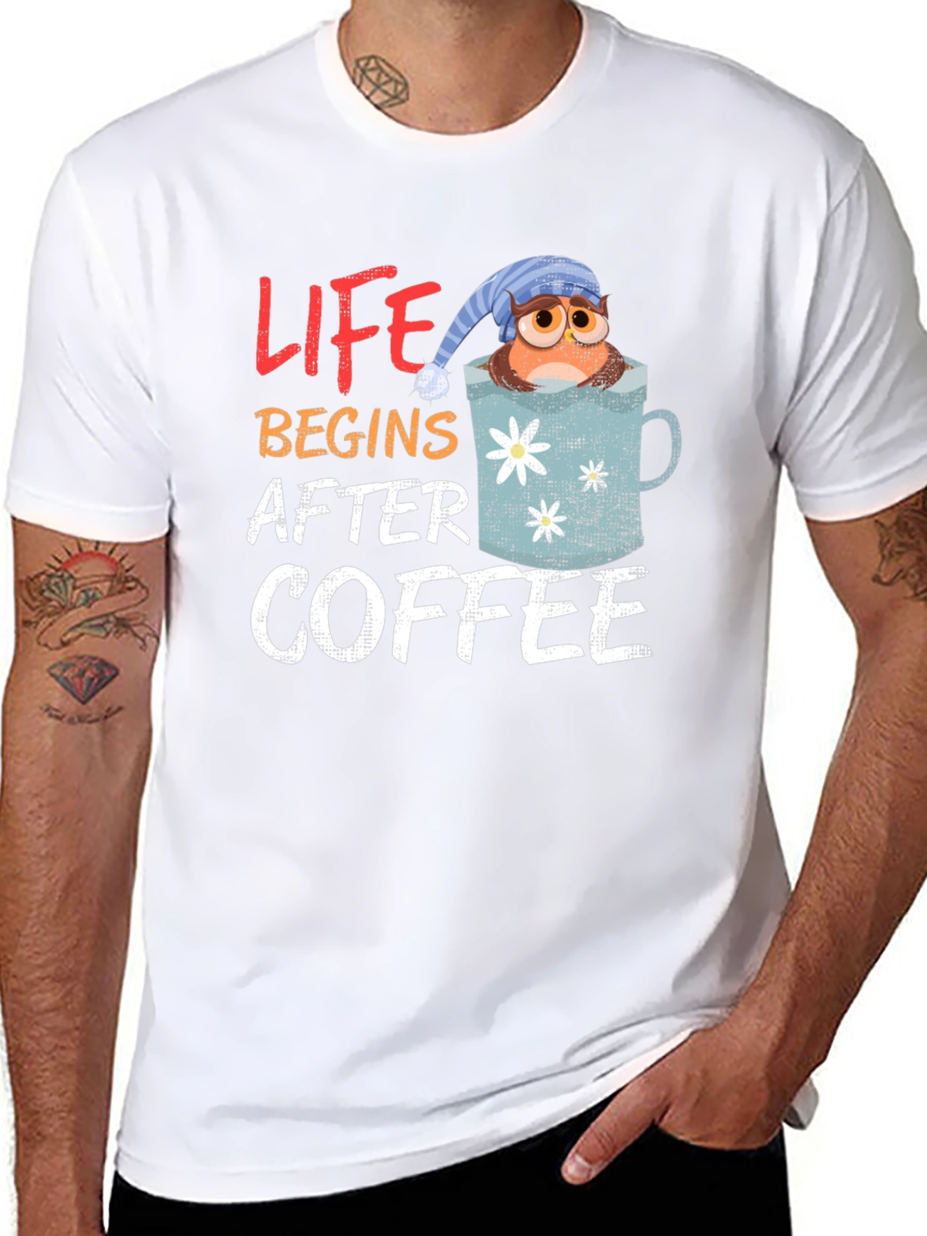 Life Begins After Coffee Owl in Mug Graphic T-Shirt