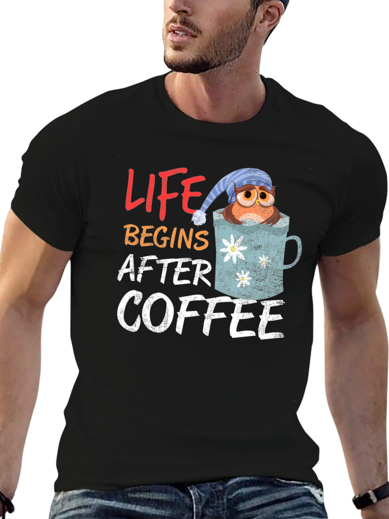 Life Begins After Coffee Owl in Mug Graphic T-Shirt