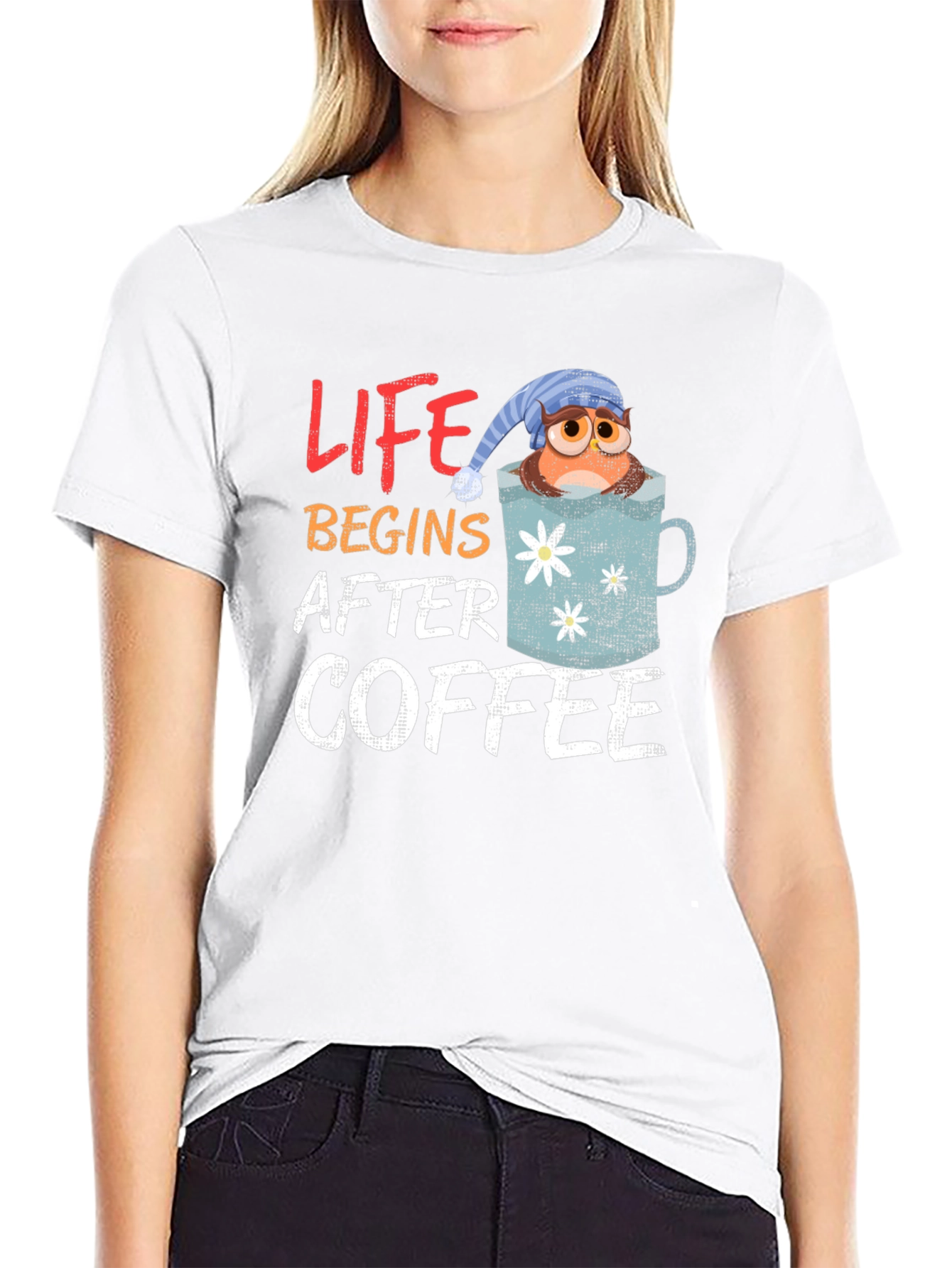 Life Begins After Coffee Owl in Mug Graphic T-Shirt