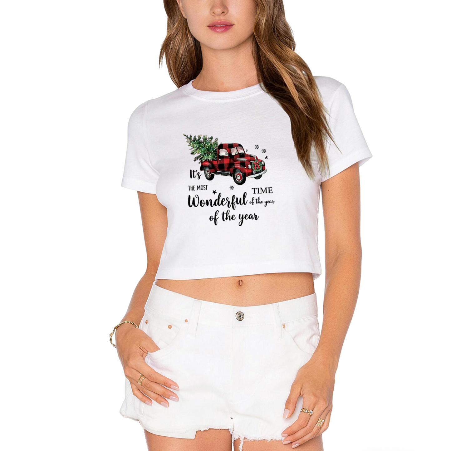 Red Buffalo Plaid Vintage Truck Christmas Tree Women Holiday Crop Tee