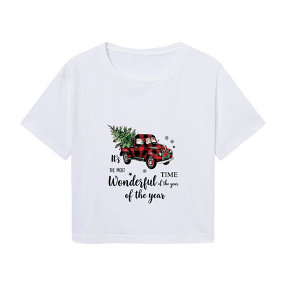 Red Buffalo Plaid Vintage Truck Christmas Tree Women Holiday Crop Tee