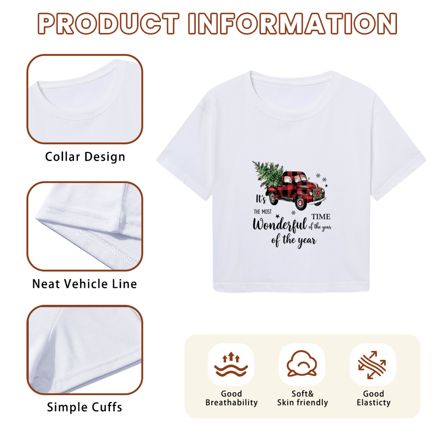 Red Buffalo Plaid Vintage Truck Christmas Tree Women Holiday Crop Tee