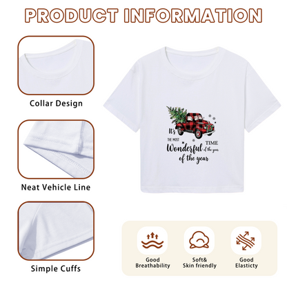 Red Buffalo Plaid Vintage Truck Christmas Tree Women Holiday Crop Tee
