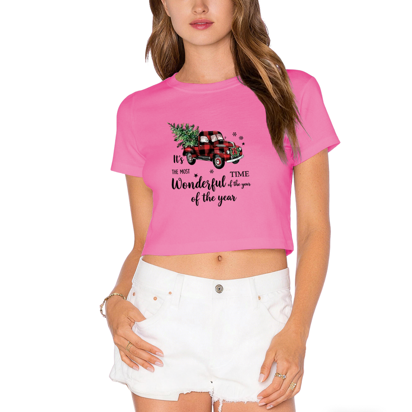 Red Buffalo Plaid Vintage Truck Christmas Tree Women Holiday Crop Tee