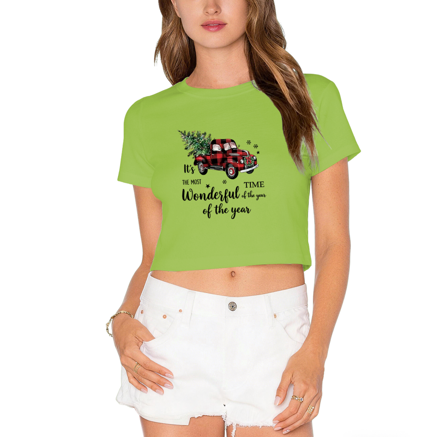 Red Buffalo Plaid Vintage Truck Christmas Tree Women Holiday Crop Tee