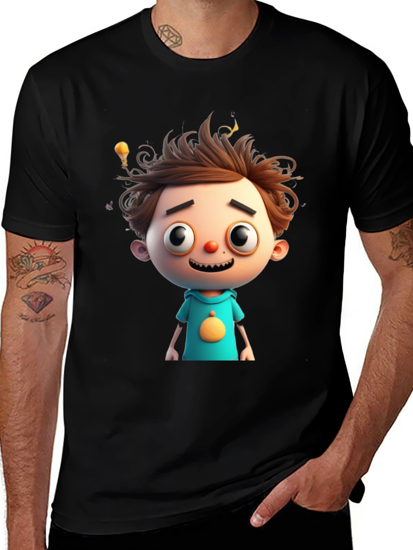 Cartoon Boy Graphic Tee - Quirky Black T-Shirt