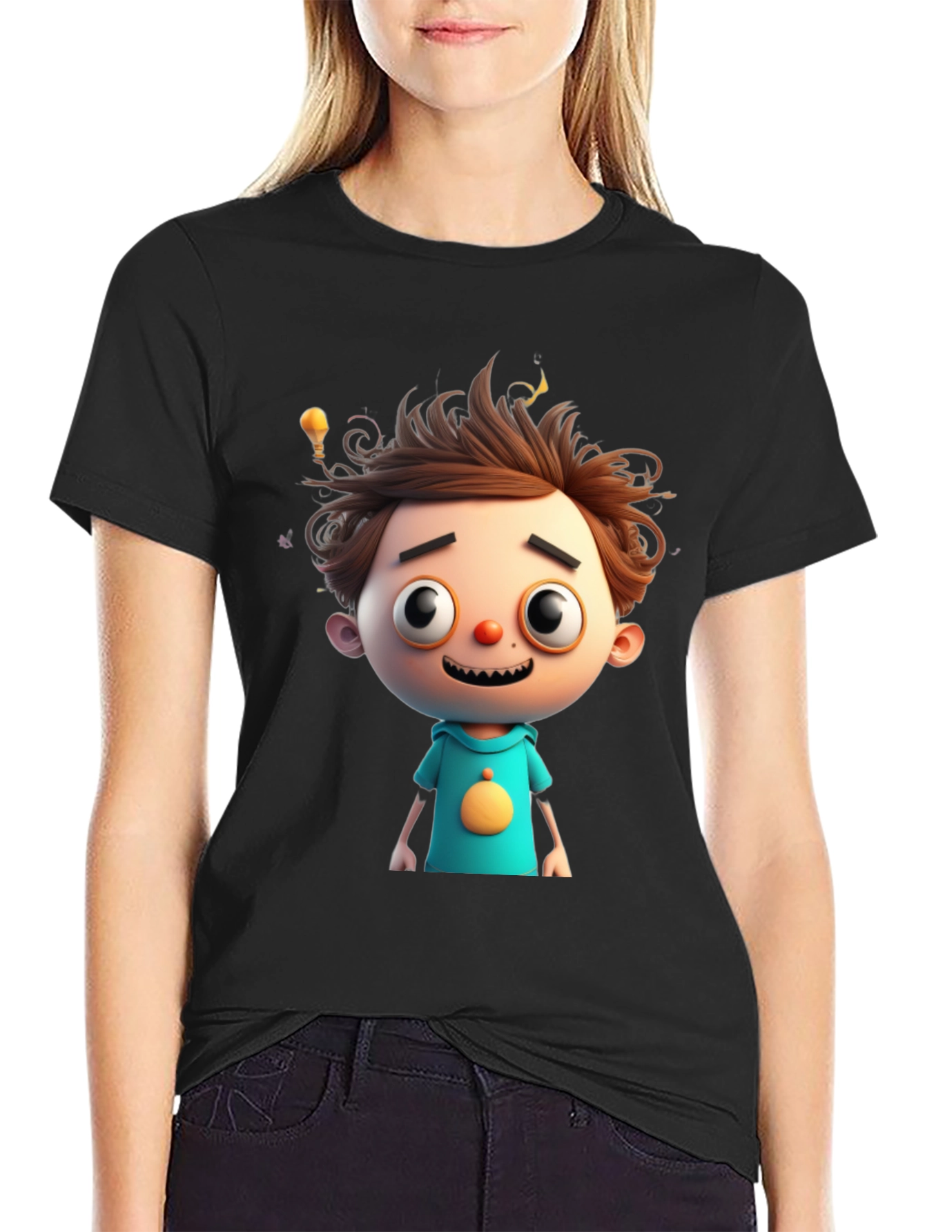 Cartoon Boy Graphic Tee - Quirky Black T-Shirt