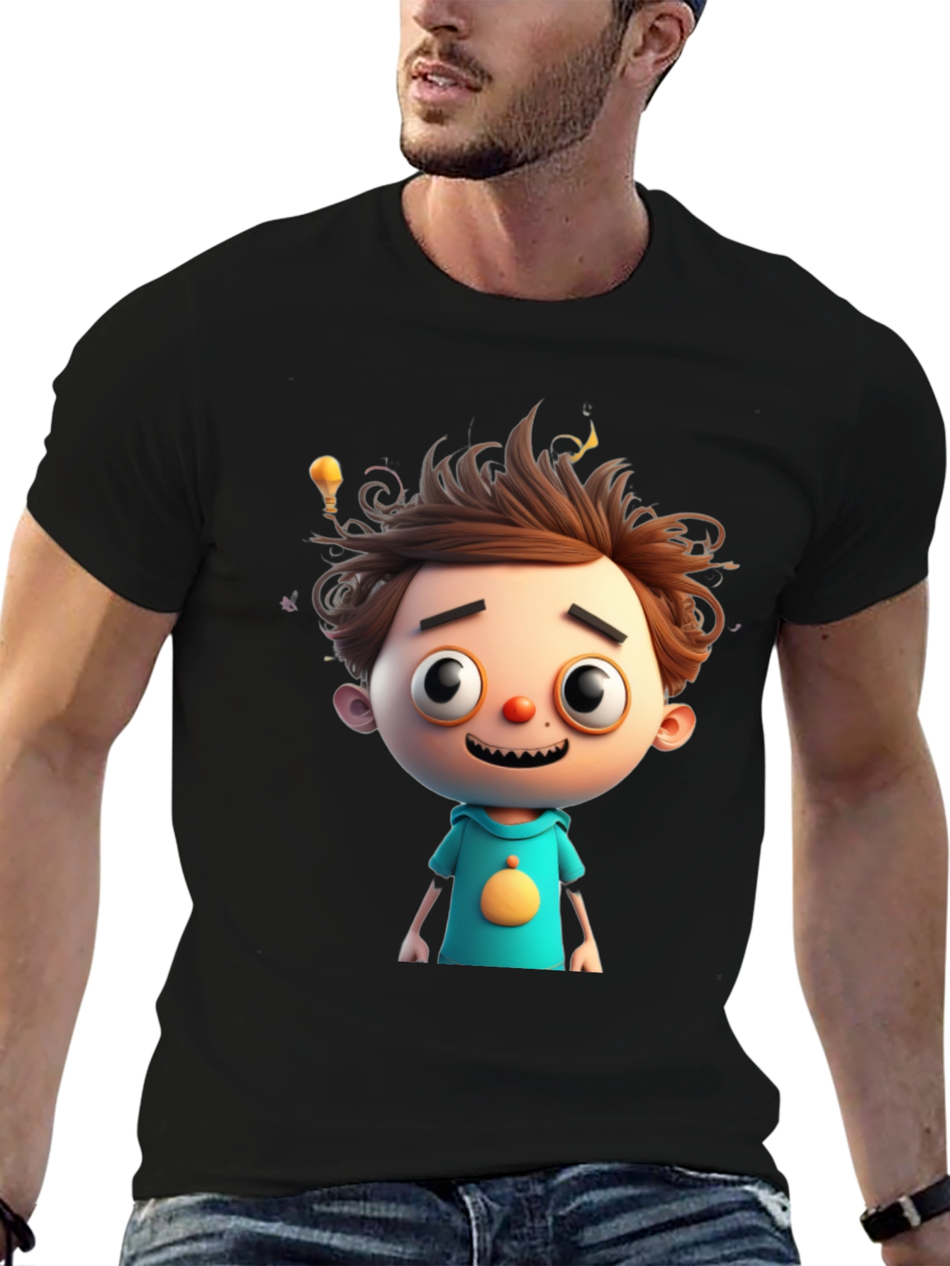 Cartoon Boy Graphic Tee - Quirky Black T-Shirt