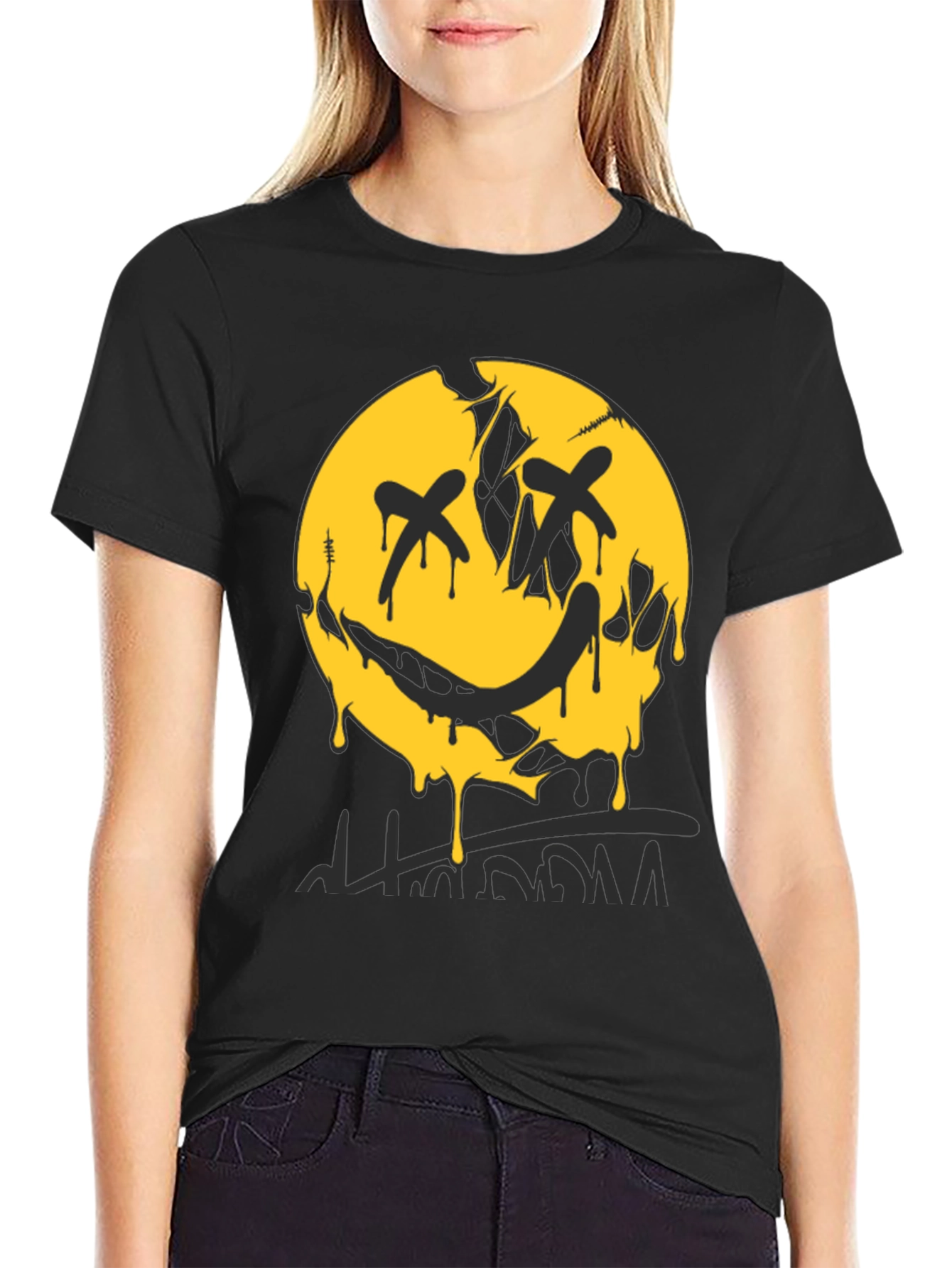 Edgy Graphic Print Crew Neck T-Shirt - Black