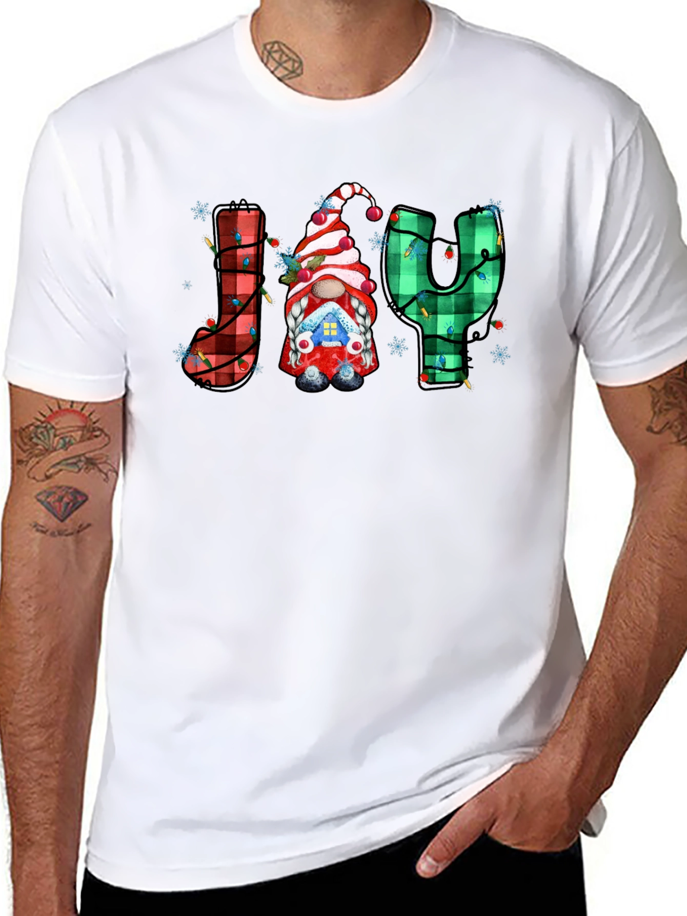 Festive Holiday Joy T-Shirt Gnome Plaid Letters Christmas