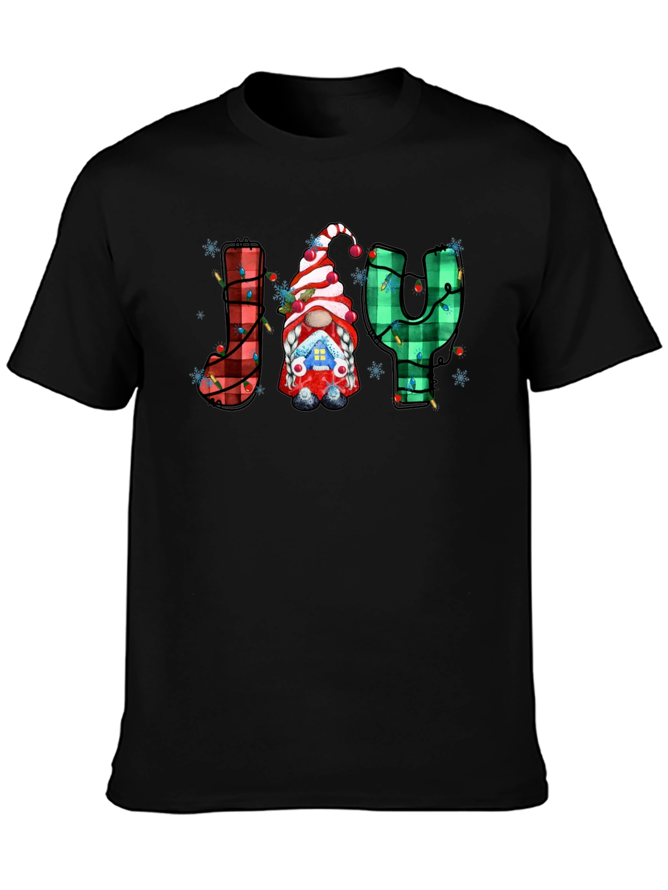 Festive Holiday Joy T-Shirt Gnome Plaid Letters Christmas