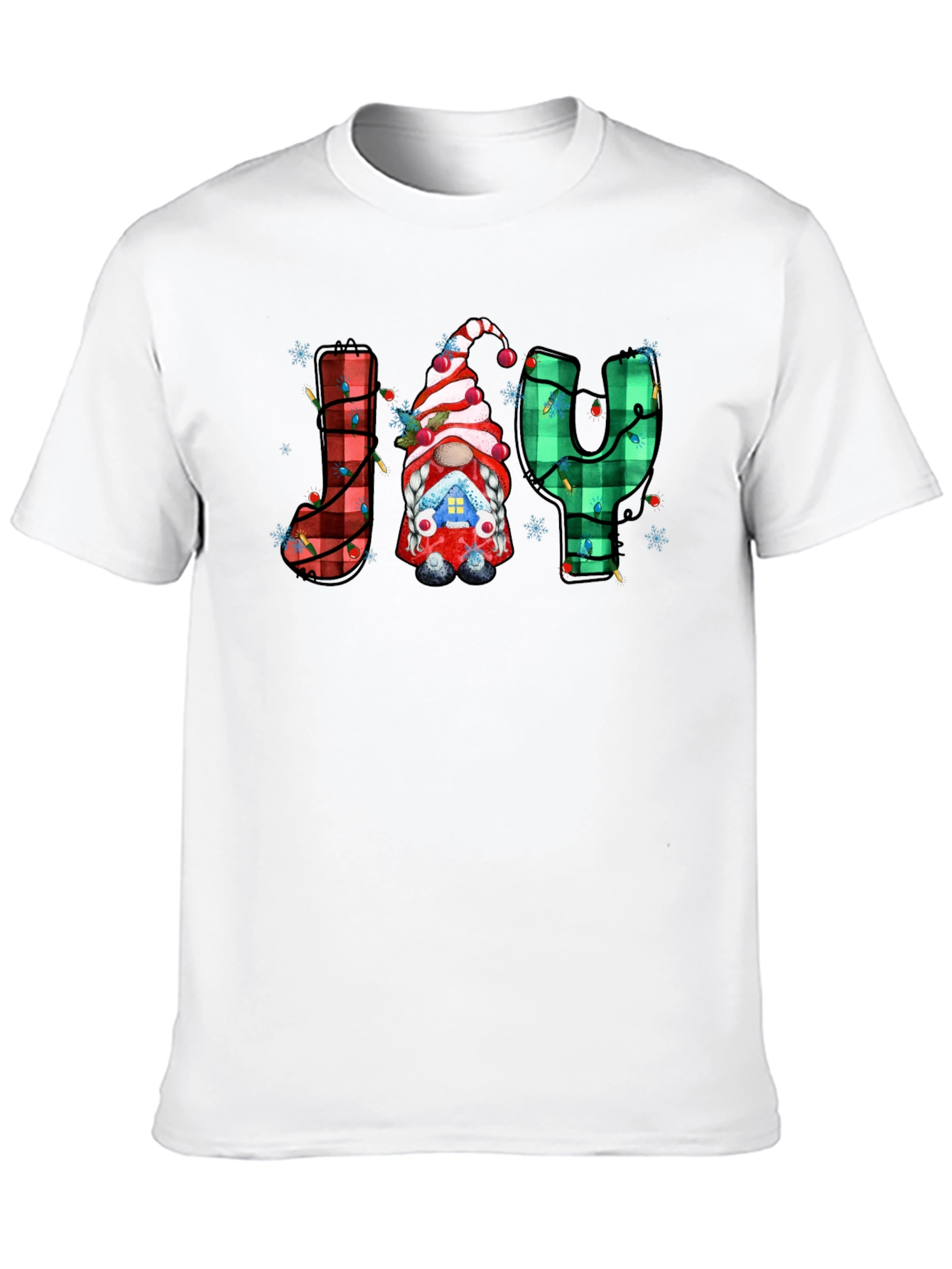 Festive Holiday Joy T-Shirt Gnome Plaid Letters Christmas
