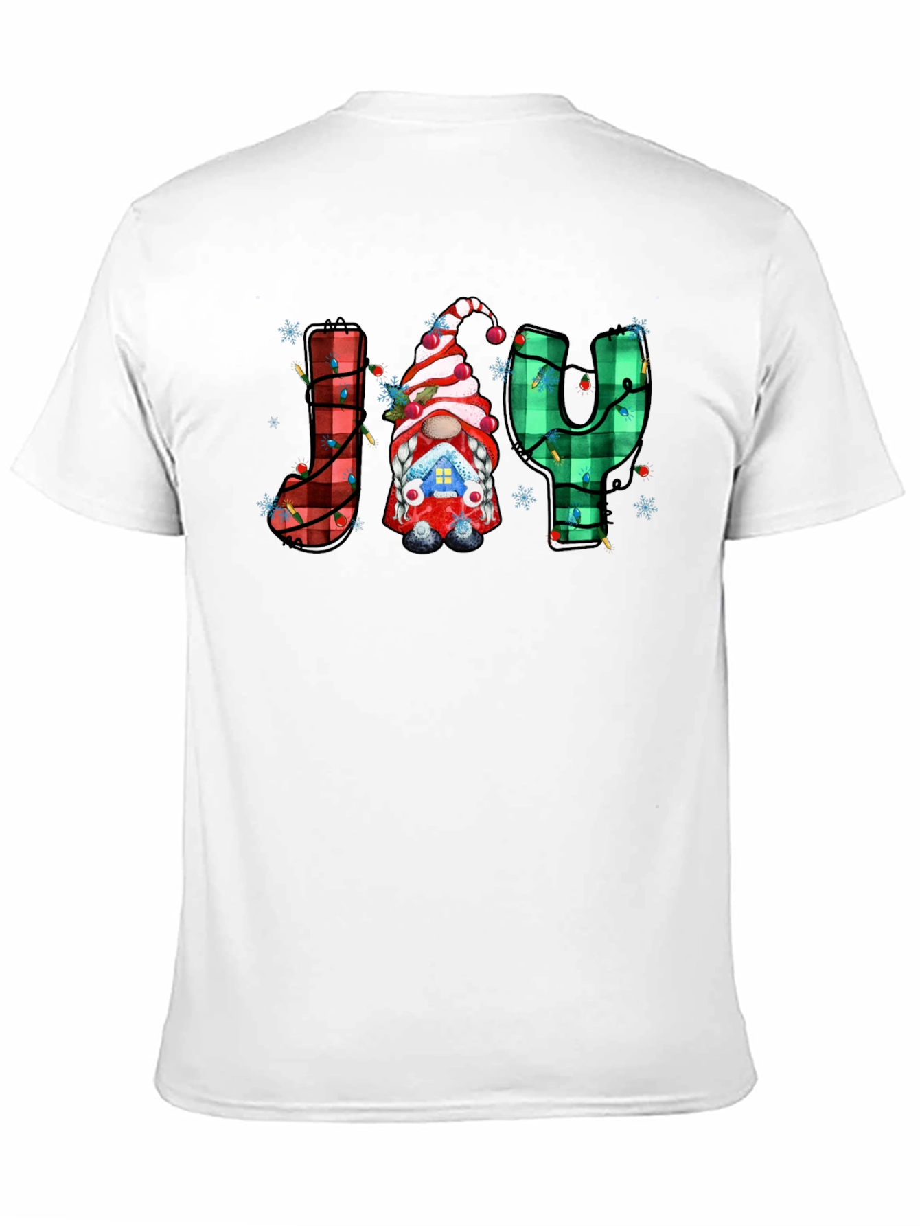 Festive Holiday Joy T-Shirt Gnome Plaid Letters Christmas
