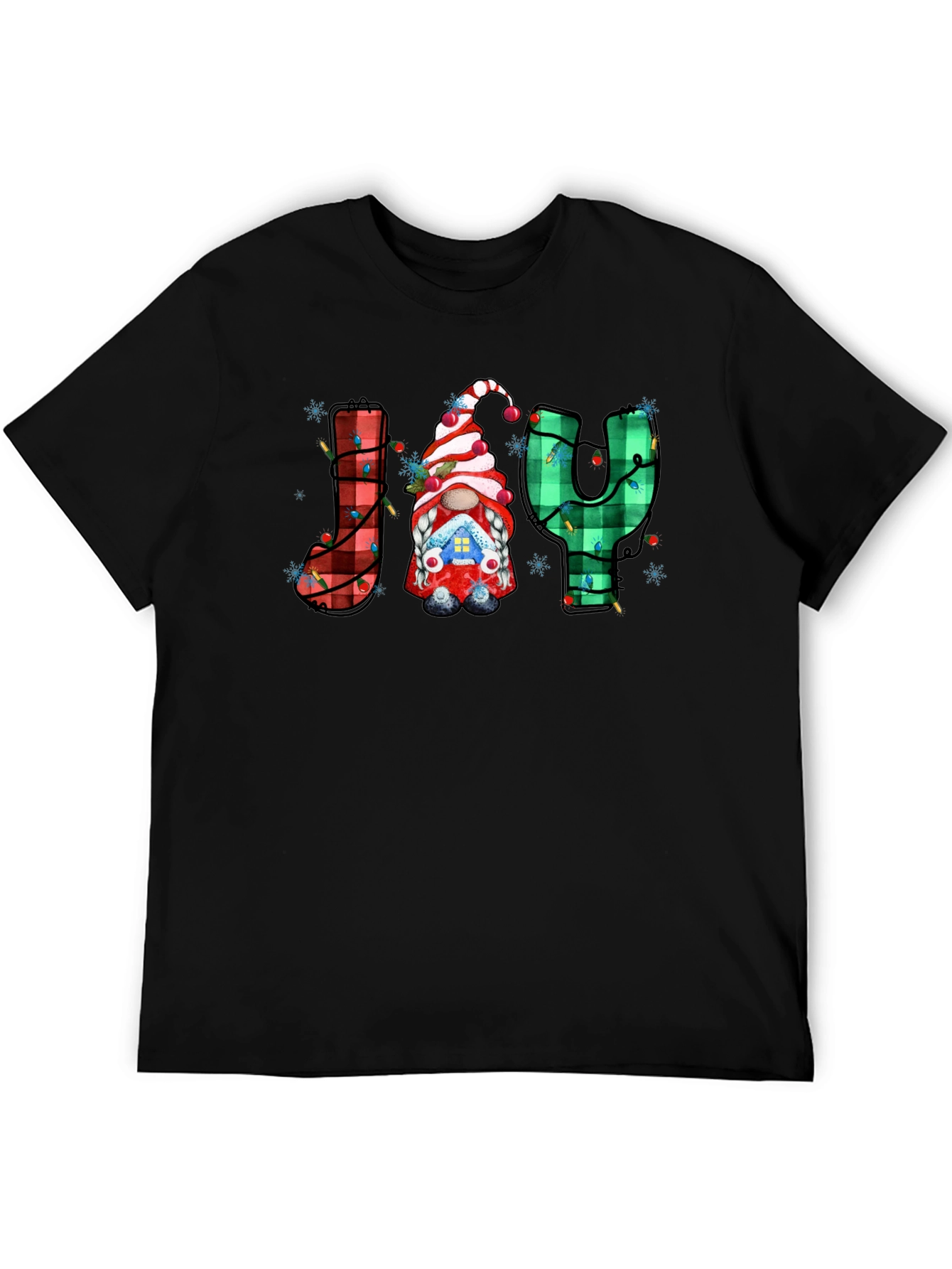 Festive Holiday Joy T-Shirt Gnome Plaid Letters Christmas