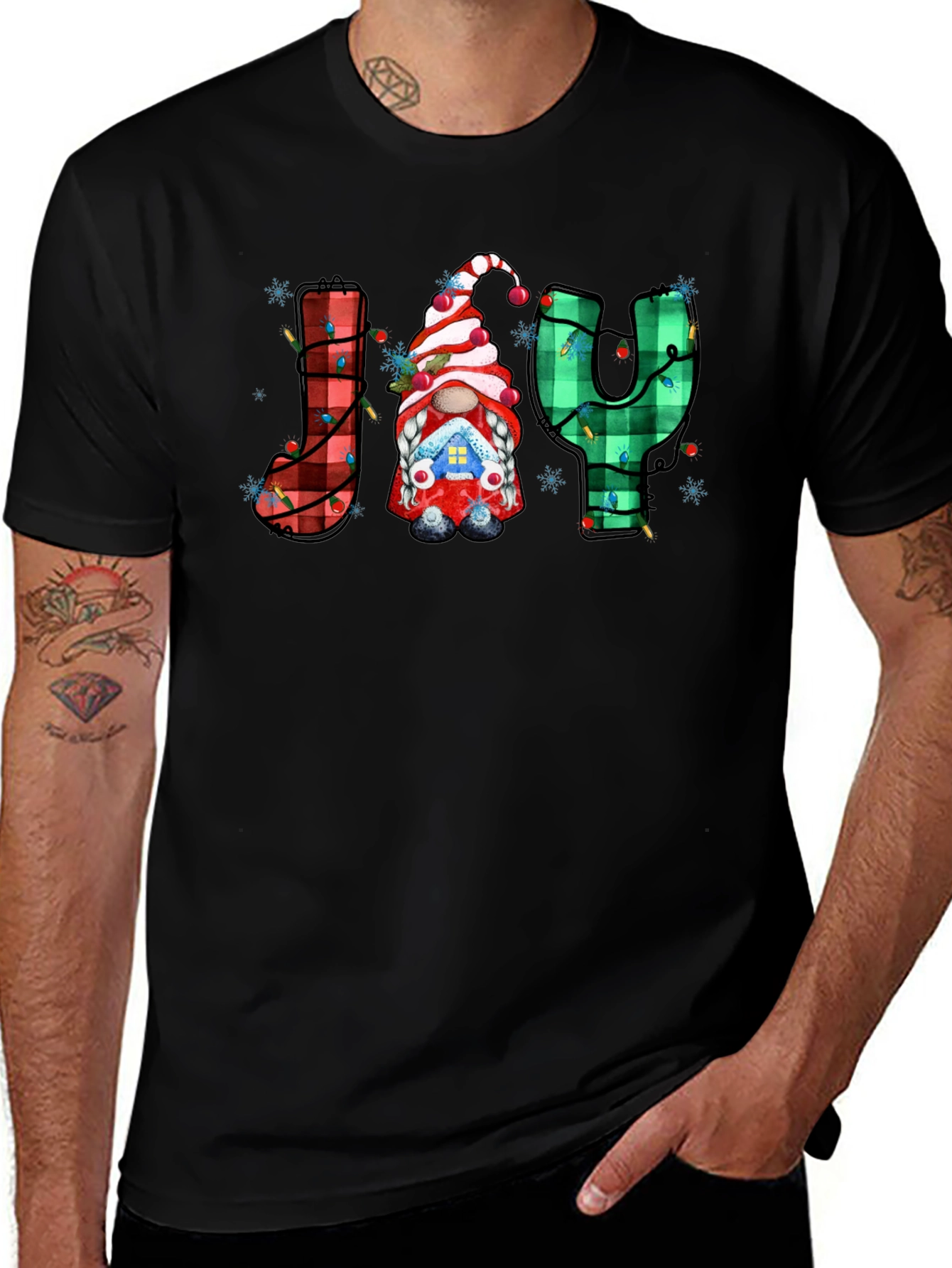 Festive Holiday Joy T-Shirt Gnome Plaid Letters Christmas