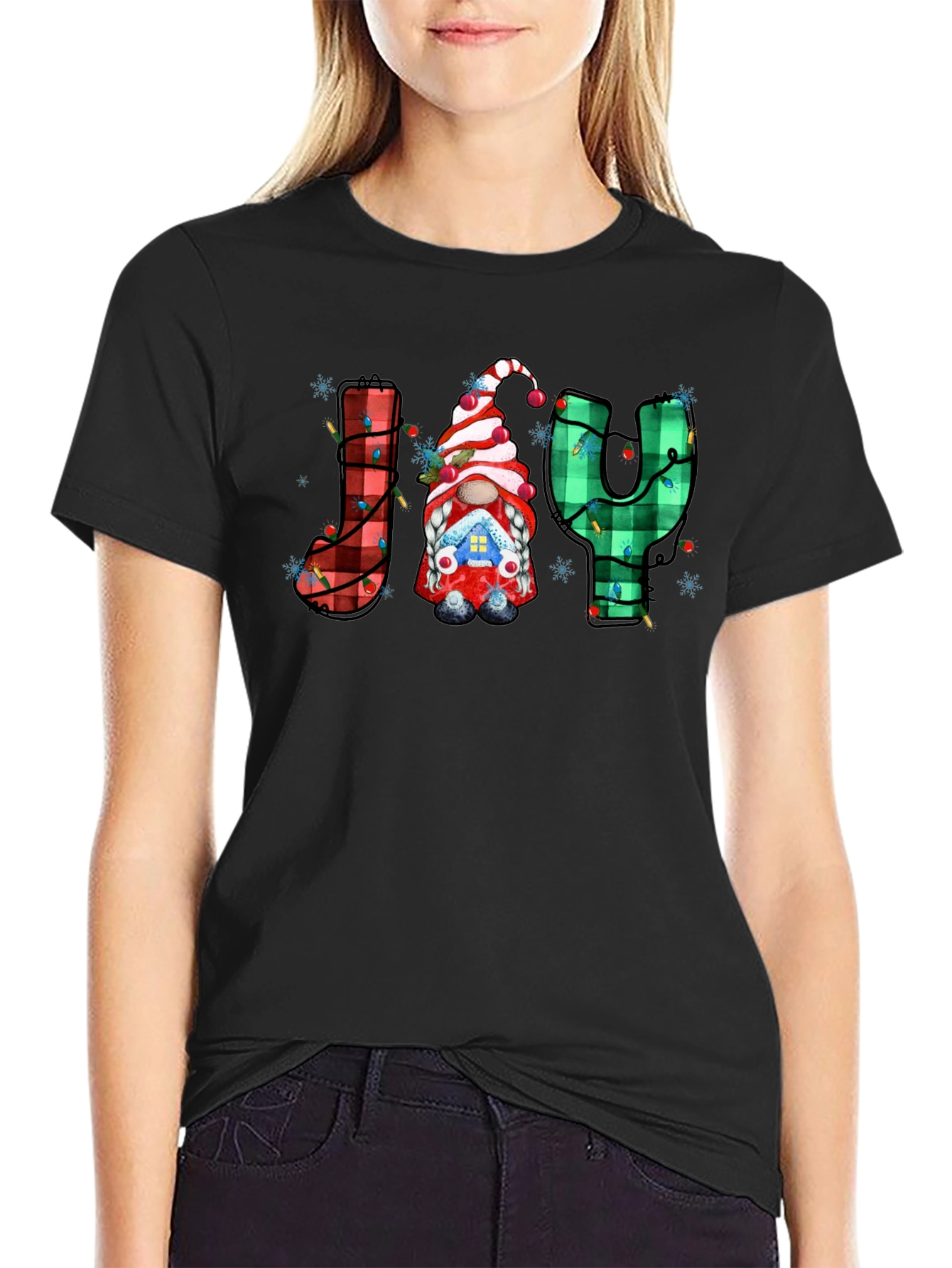 Festive Holiday Joy T-Shirt Gnome Plaid Letters Christmas