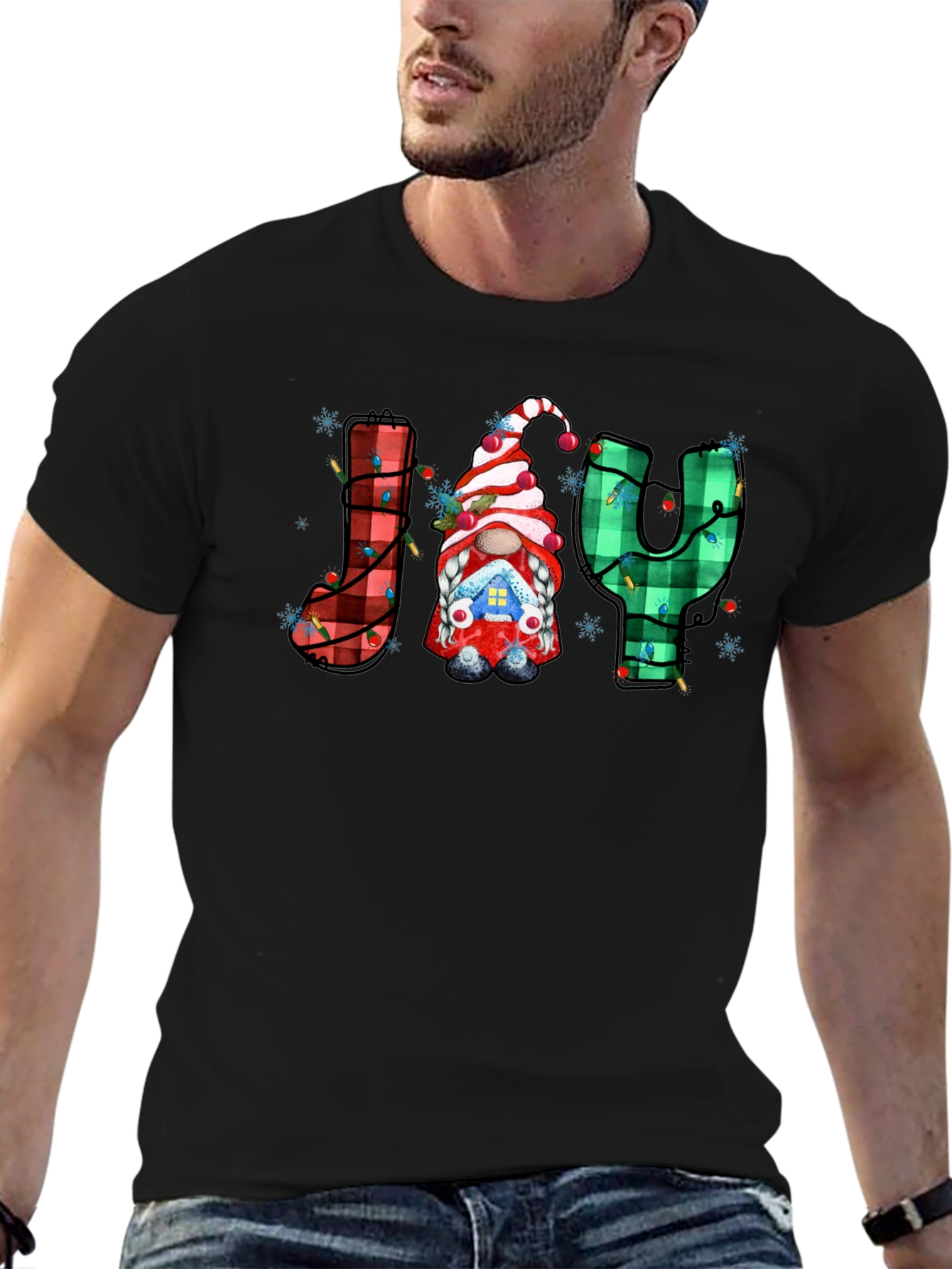 Festive Holiday Joy T-Shirt Gnome Plaid Letters Christmas