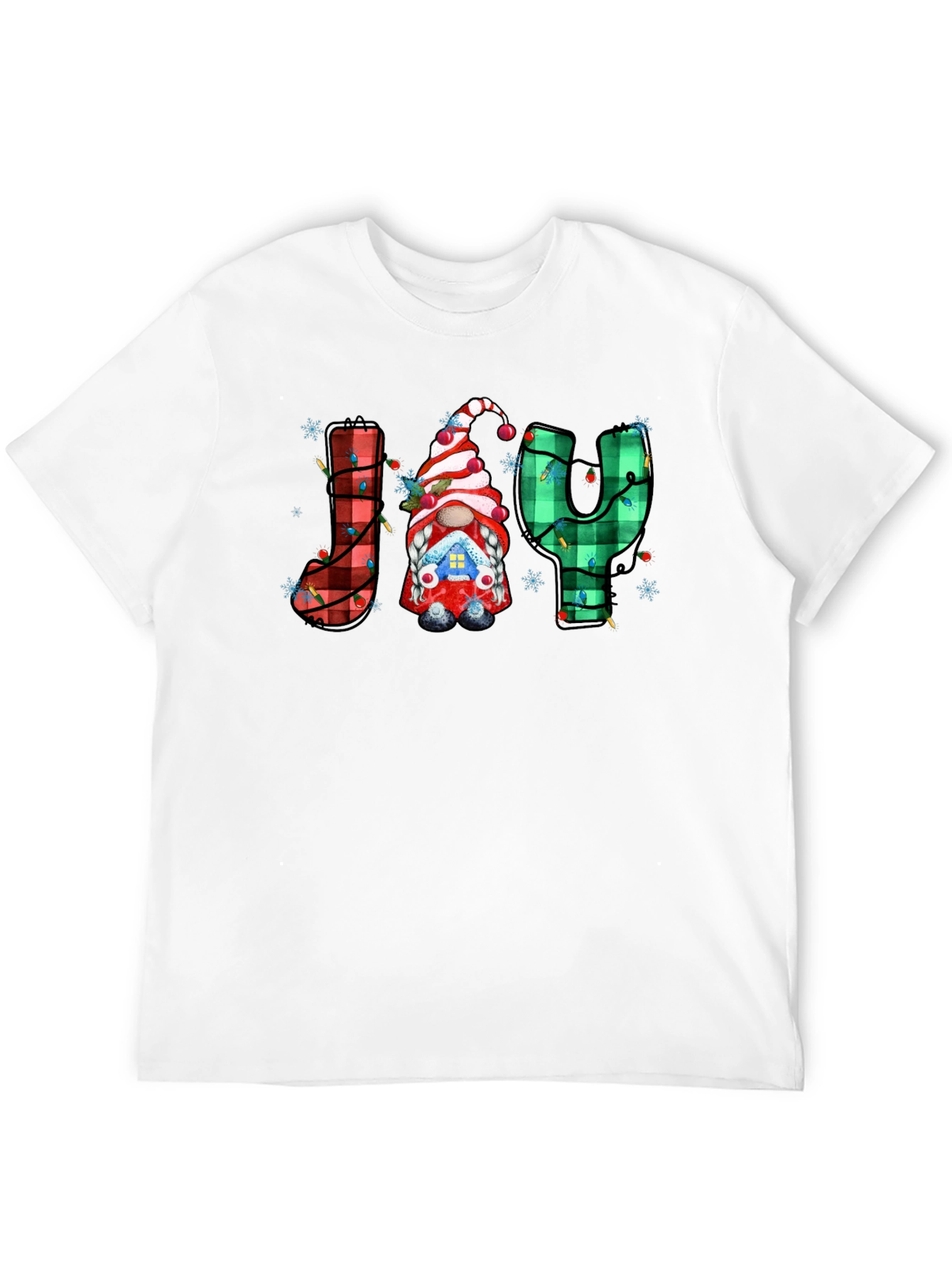 Festive Holiday Joy T-Shirt Gnome Plaid Letters Christmas