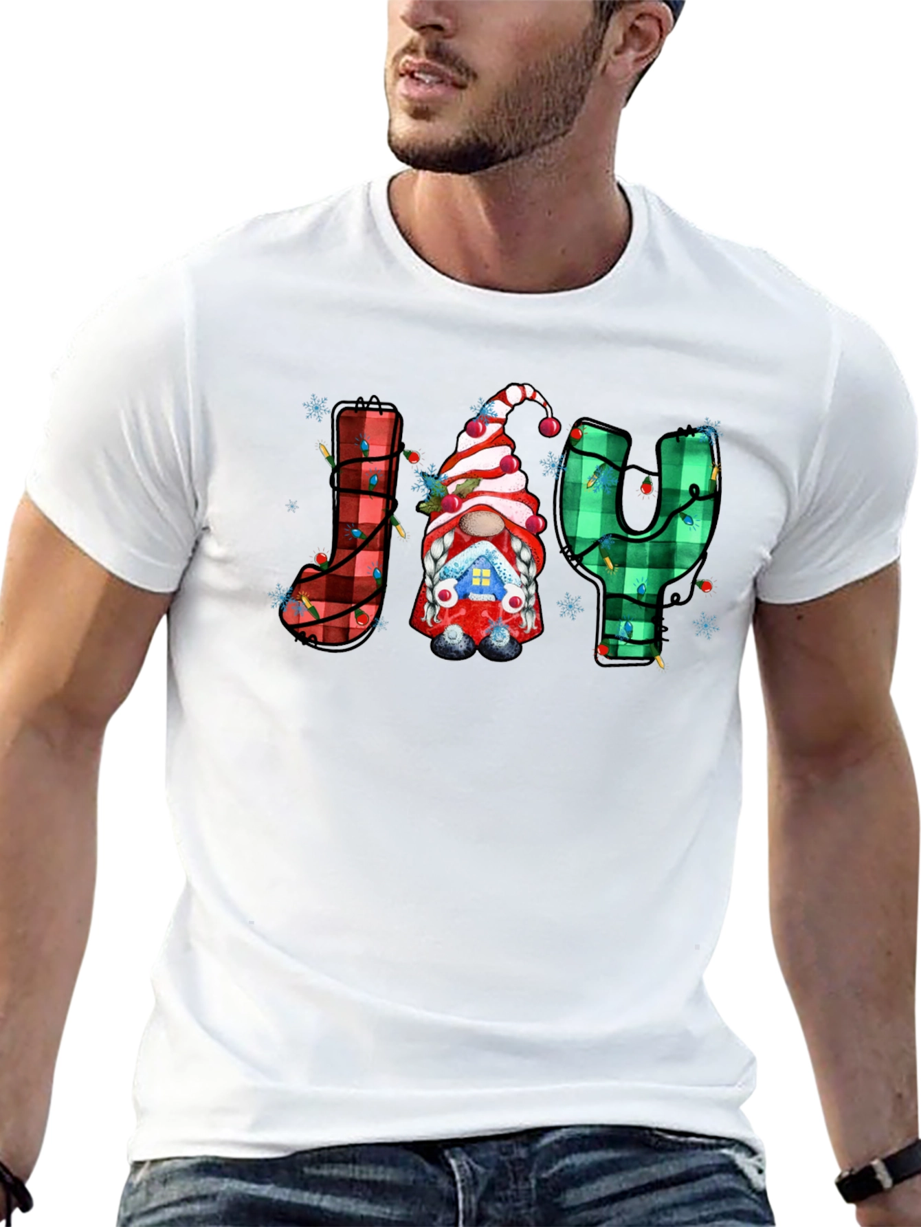 Festive Holiday Joy T-Shirt Gnome Plaid Letters Christmas