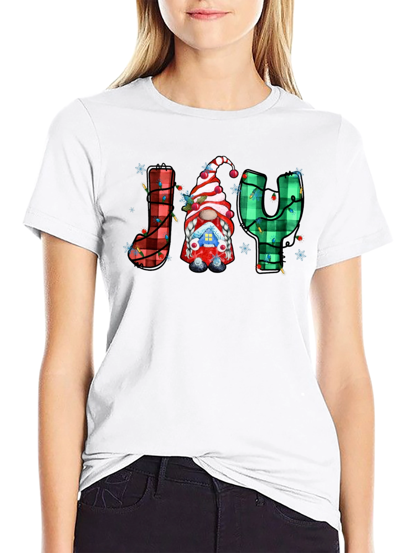 Festive Holiday Joy T-Shirt Gnome Plaid Letters Christmas