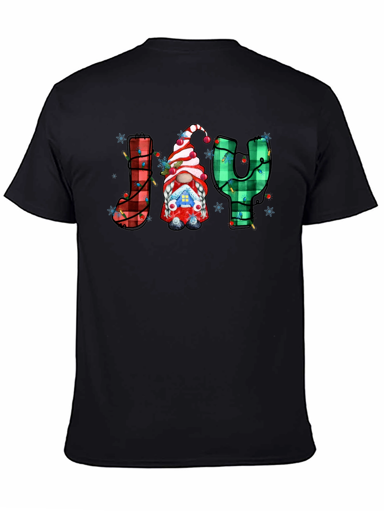 Festive Holiday Joy T-Shirt Gnome Plaid Letters Christmas