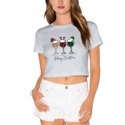 Merry Christmas Wine Glass Holiday Party Cropped T?Shirt