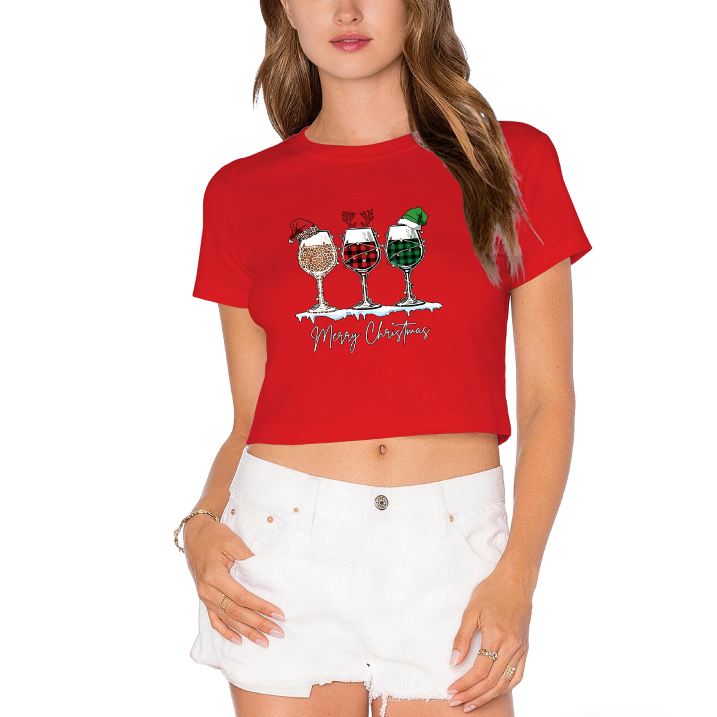 Merry Christmas Wine Glass Holiday Party Cropped T?Shirt