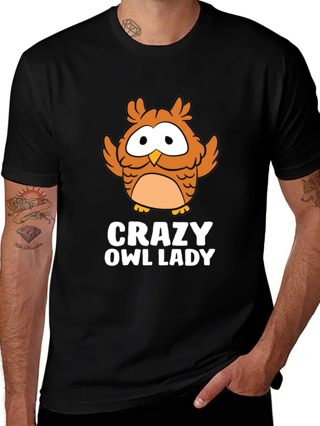 Crazy Owl Lady Black Graphic Tee