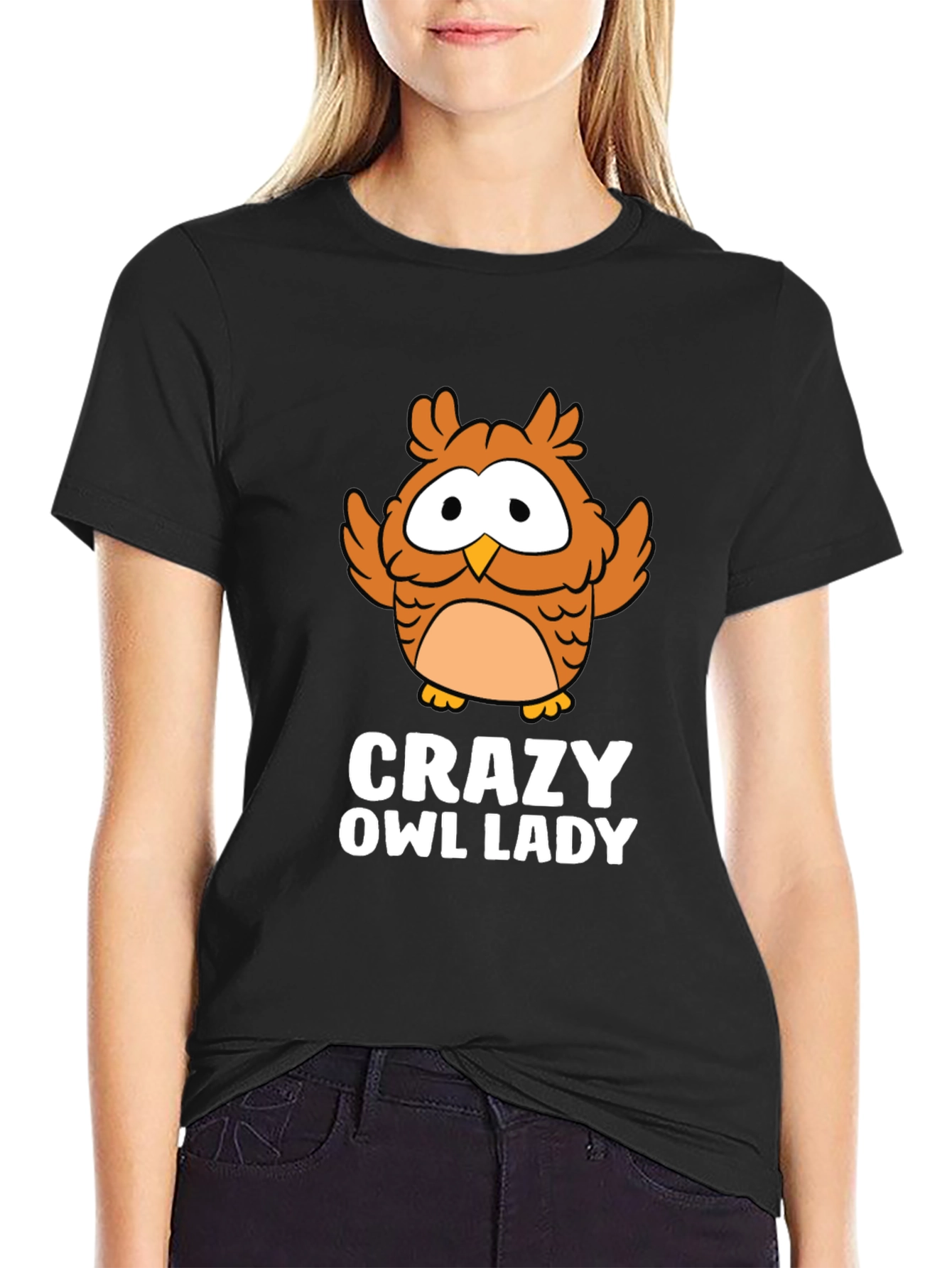 Crazy Owl Lady Black Graphic Tee