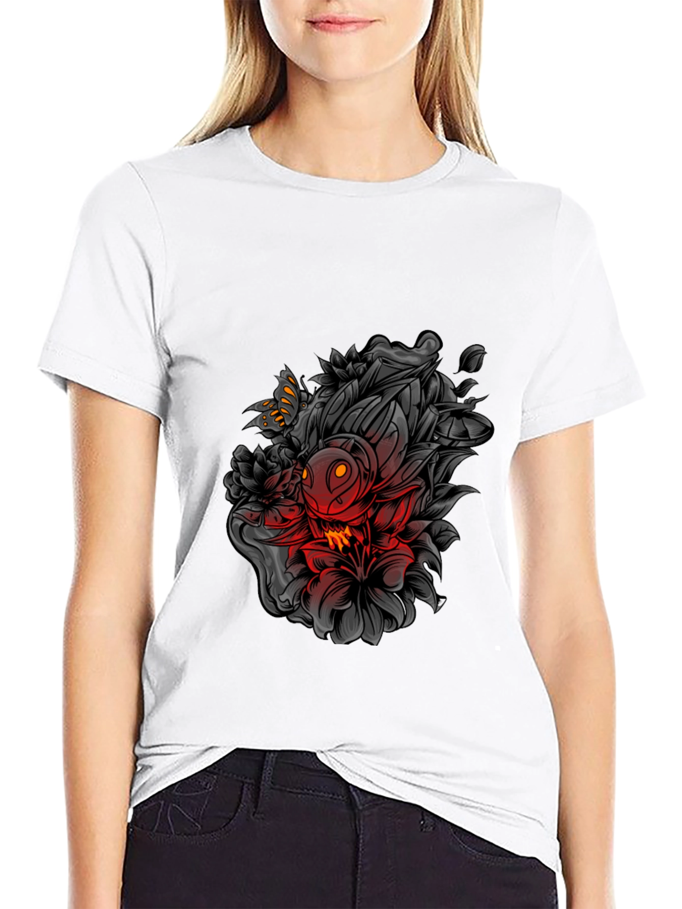 Edgy Floral Graphic Print Black T-Shirt