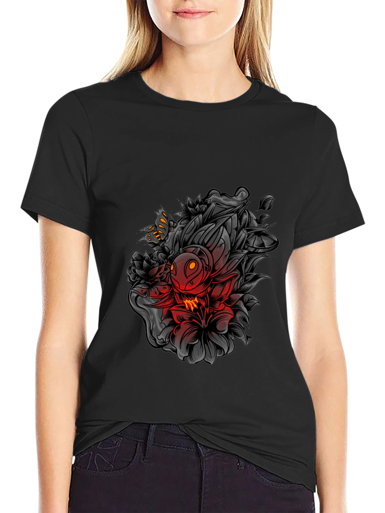 Edgy Floral Graphic Print Black T-Shirt