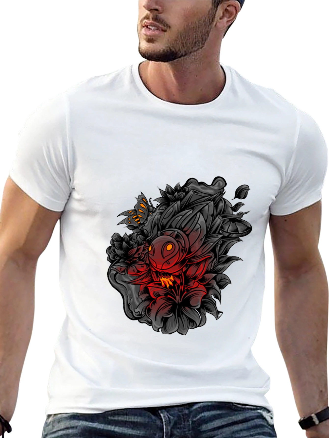 Edgy Floral Graphic Print Black T-Shirt