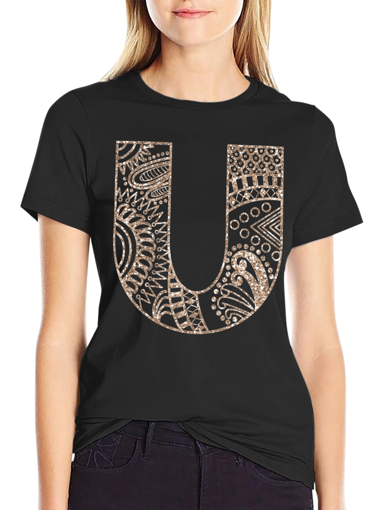 Letter U Graphic Tee - Black Cotton Blend Shirt