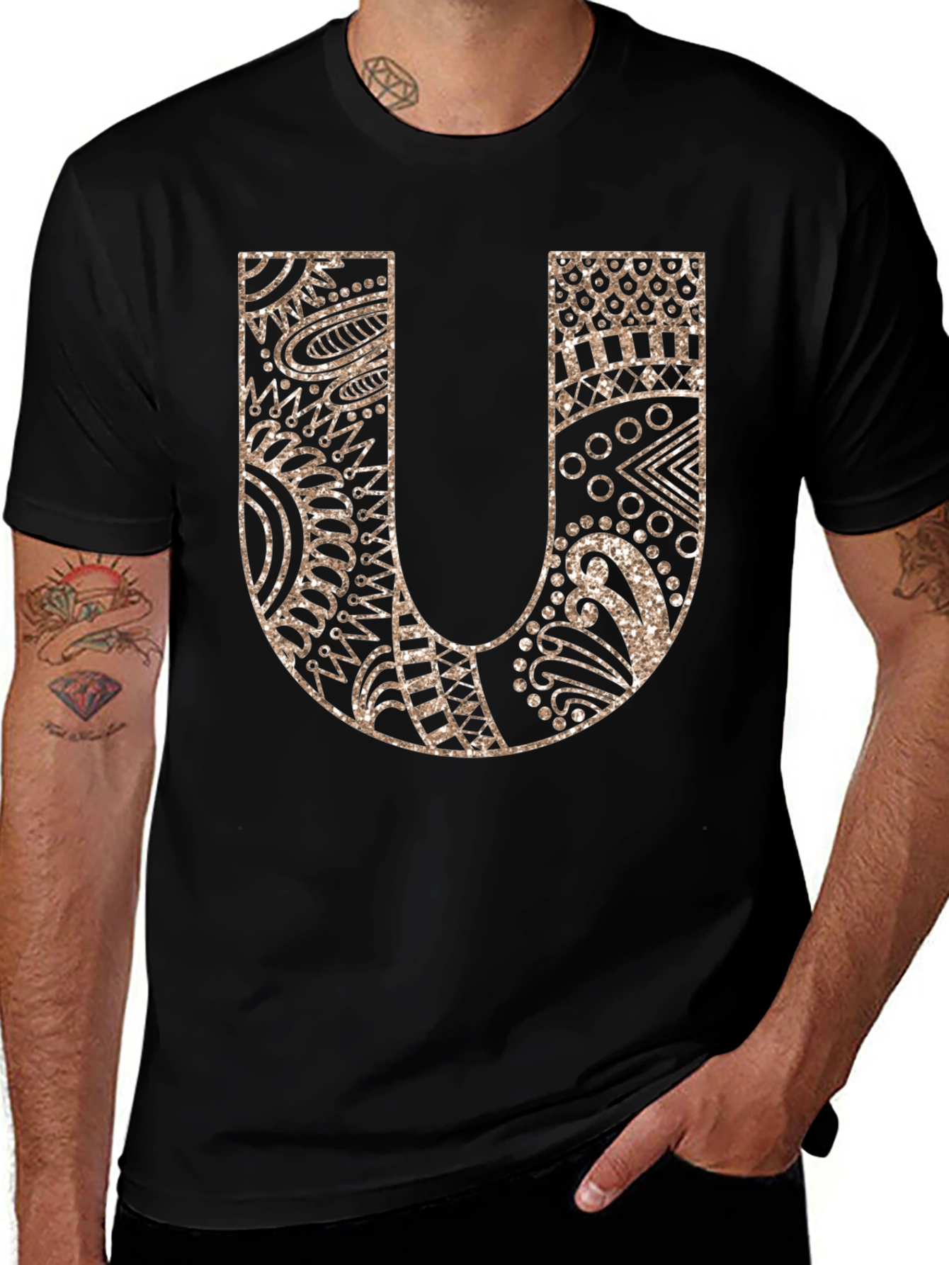 Letter U Graphic Tee - Black Cotton Blend Shirt
