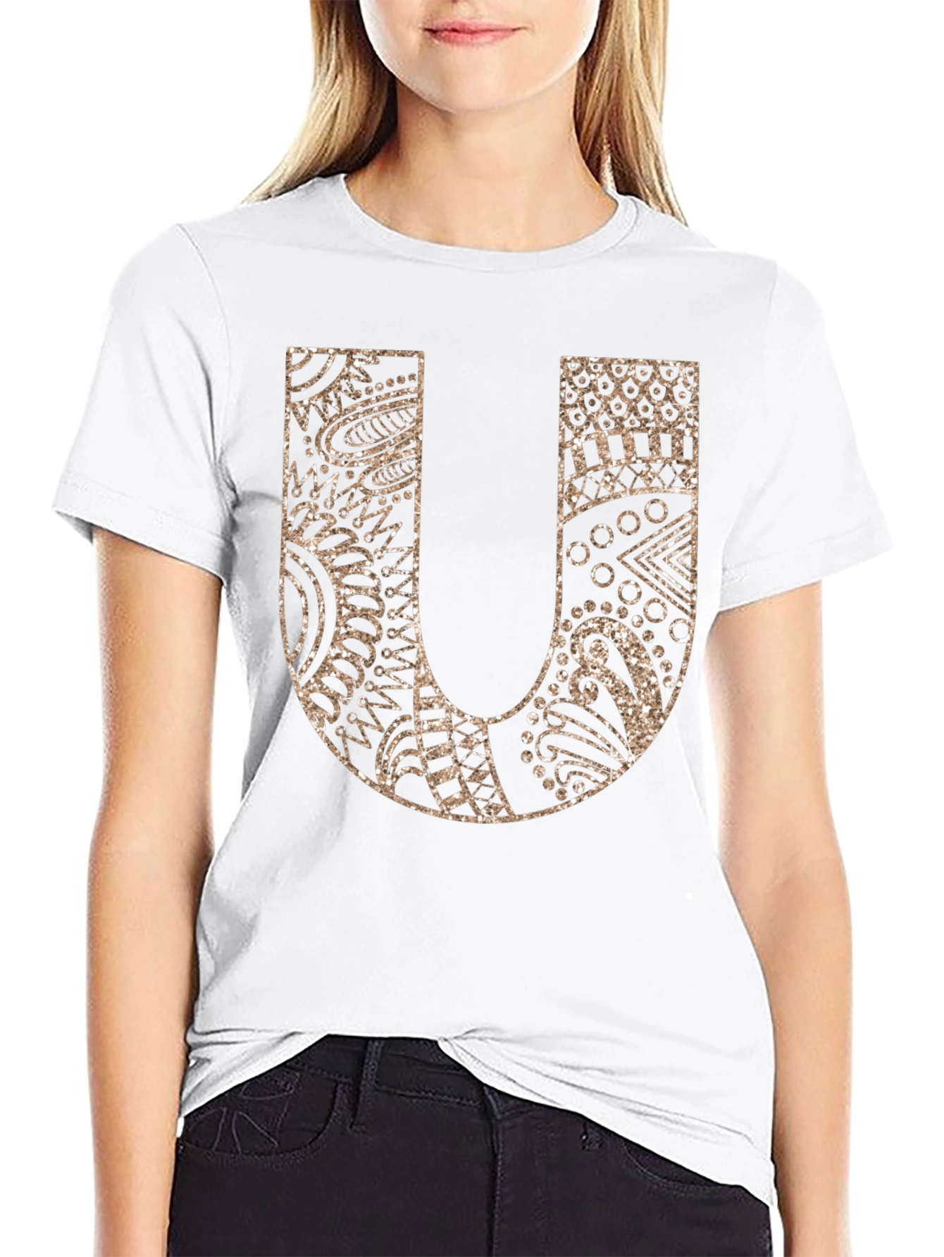 Letter U Graphic Tee - Black Cotton Blend Shirt