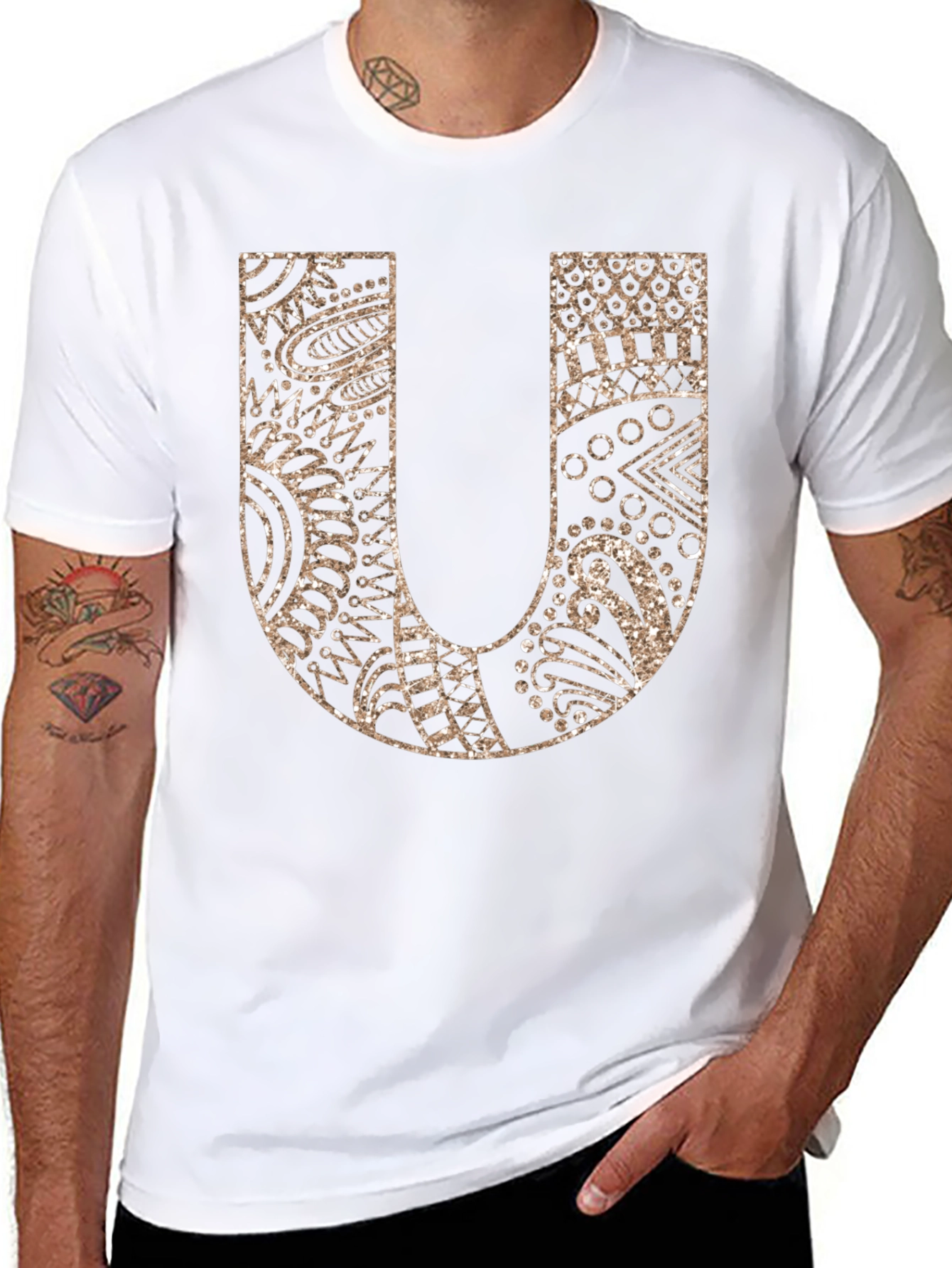 Letter U Graphic Tee - Black Cotton Blend Shirt