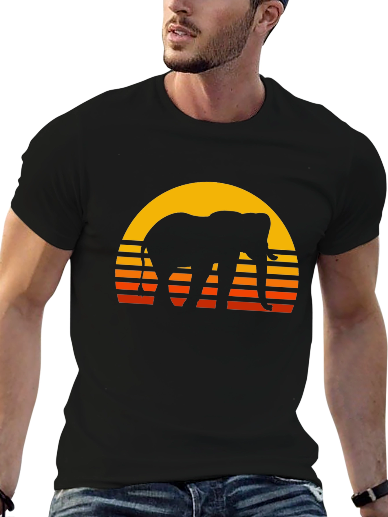 Elephant Sunset T-Shirt - Retro Style Black Tee