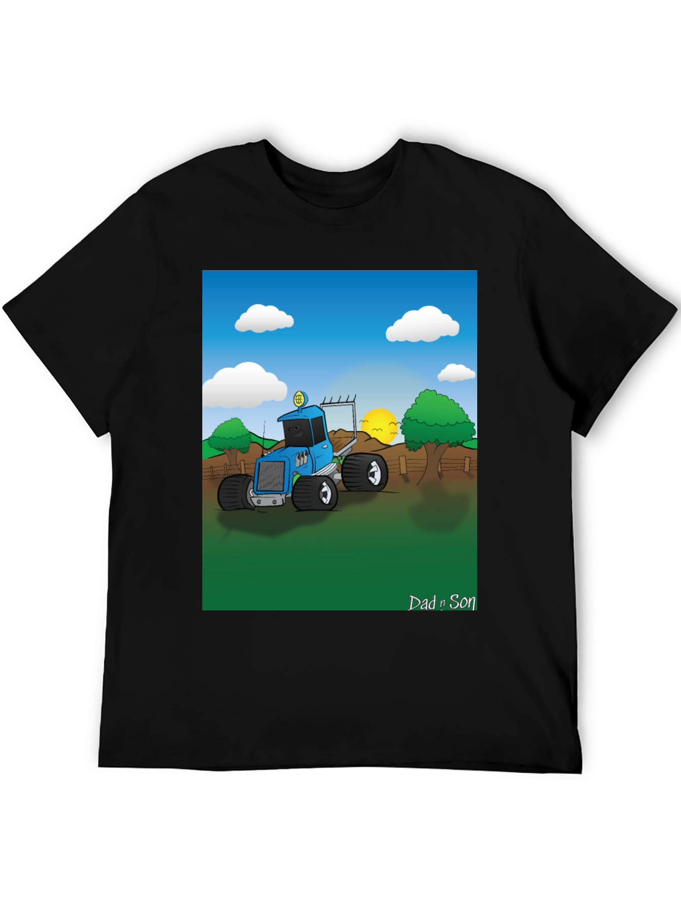 Dad n Son Cartoon Tractor Graphic T-Shirt