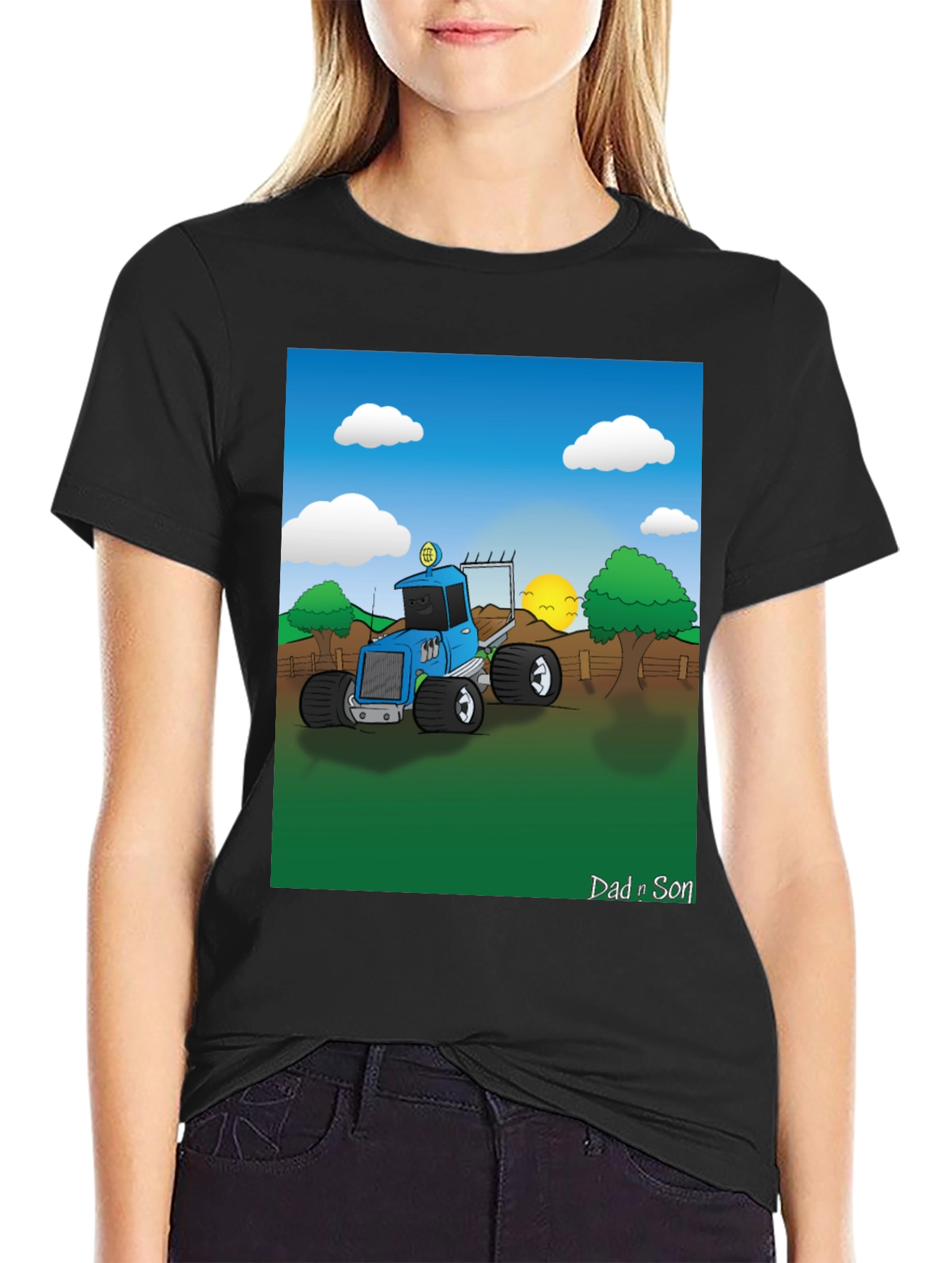 Dad n Son Cartoon Tractor Graphic T-Shirt
