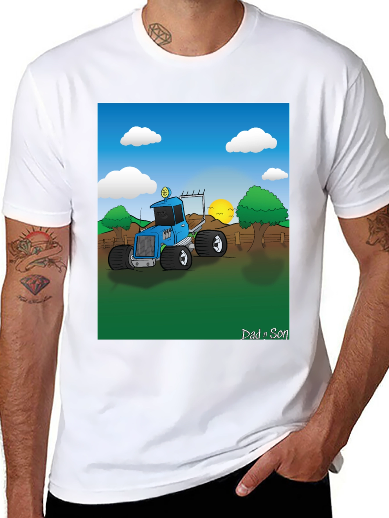 Dad n Son Cartoon Tractor Graphic T-Shirt