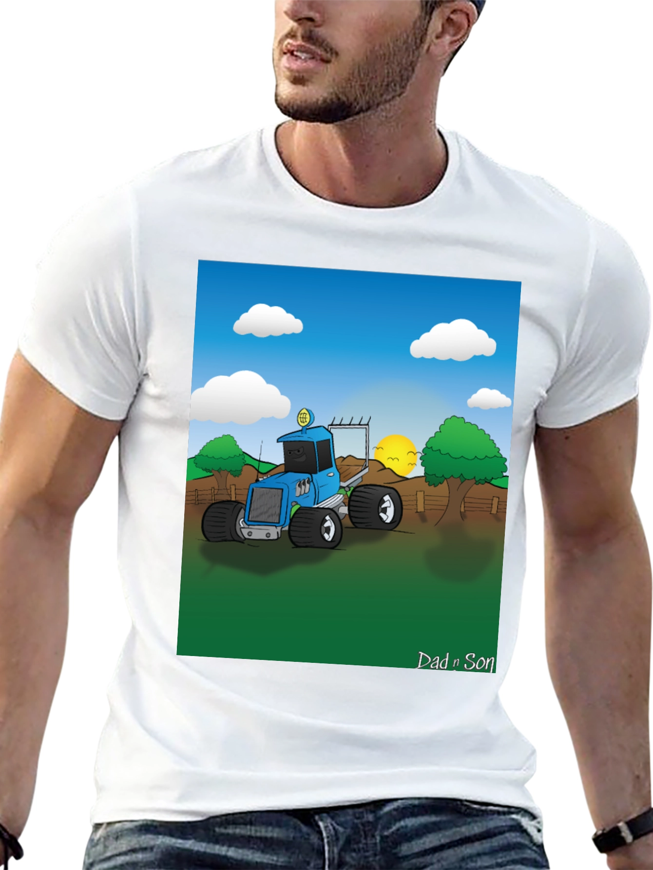 Dad n Son Cartoon Tractor Graphic T-Shirt